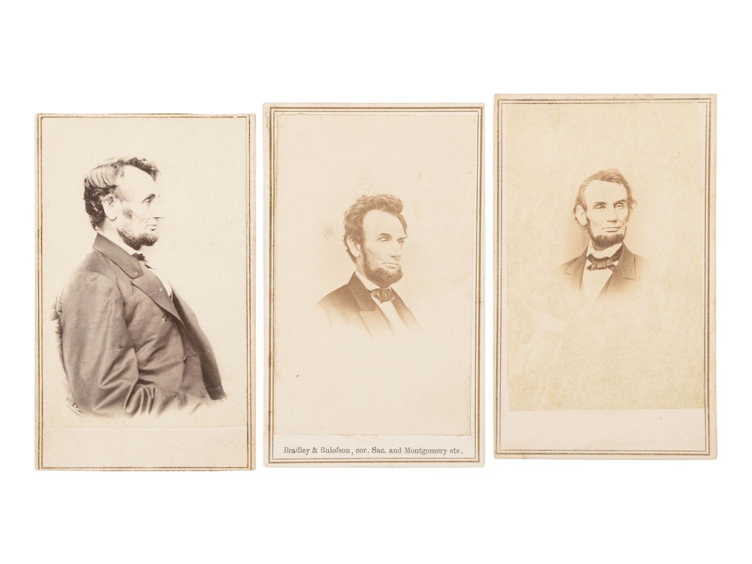 [LINCOLN, Abraham (1809-1865)]. 3 CDVs of Abraham Lincoln taken by BRADY and BERGER in January and February, 1864.