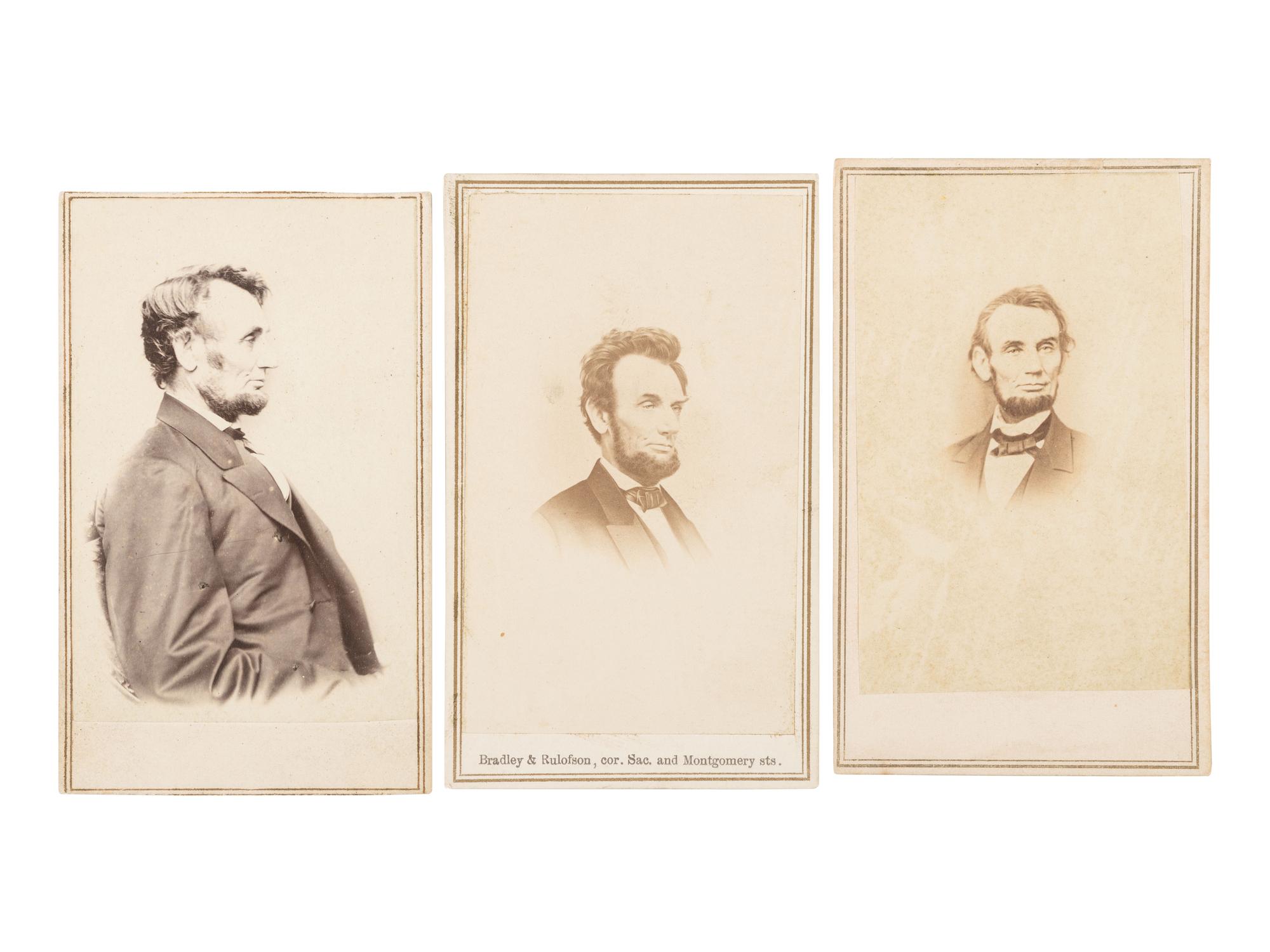 [LINCOLN, Abraham (1809-1865)]. 3 CDVs of Abraham Lincoln taken by BRADY and BERGER in January and February, 1864.