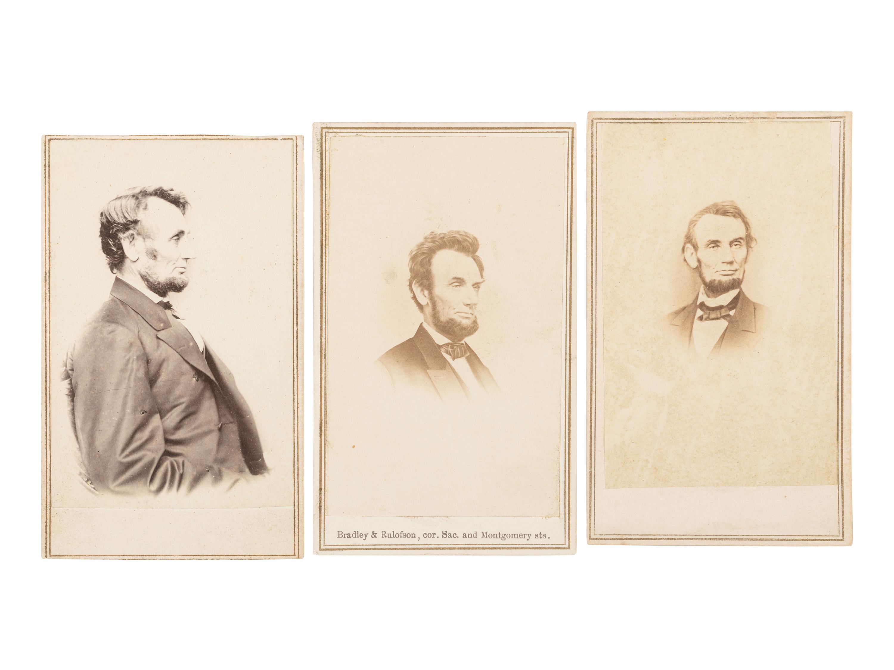 [LINCOLN, Abraham (1809-1865)]. 3 CDVs of Abraham Lincoln taken by BRADY and BERGER in January and February, 1864.
