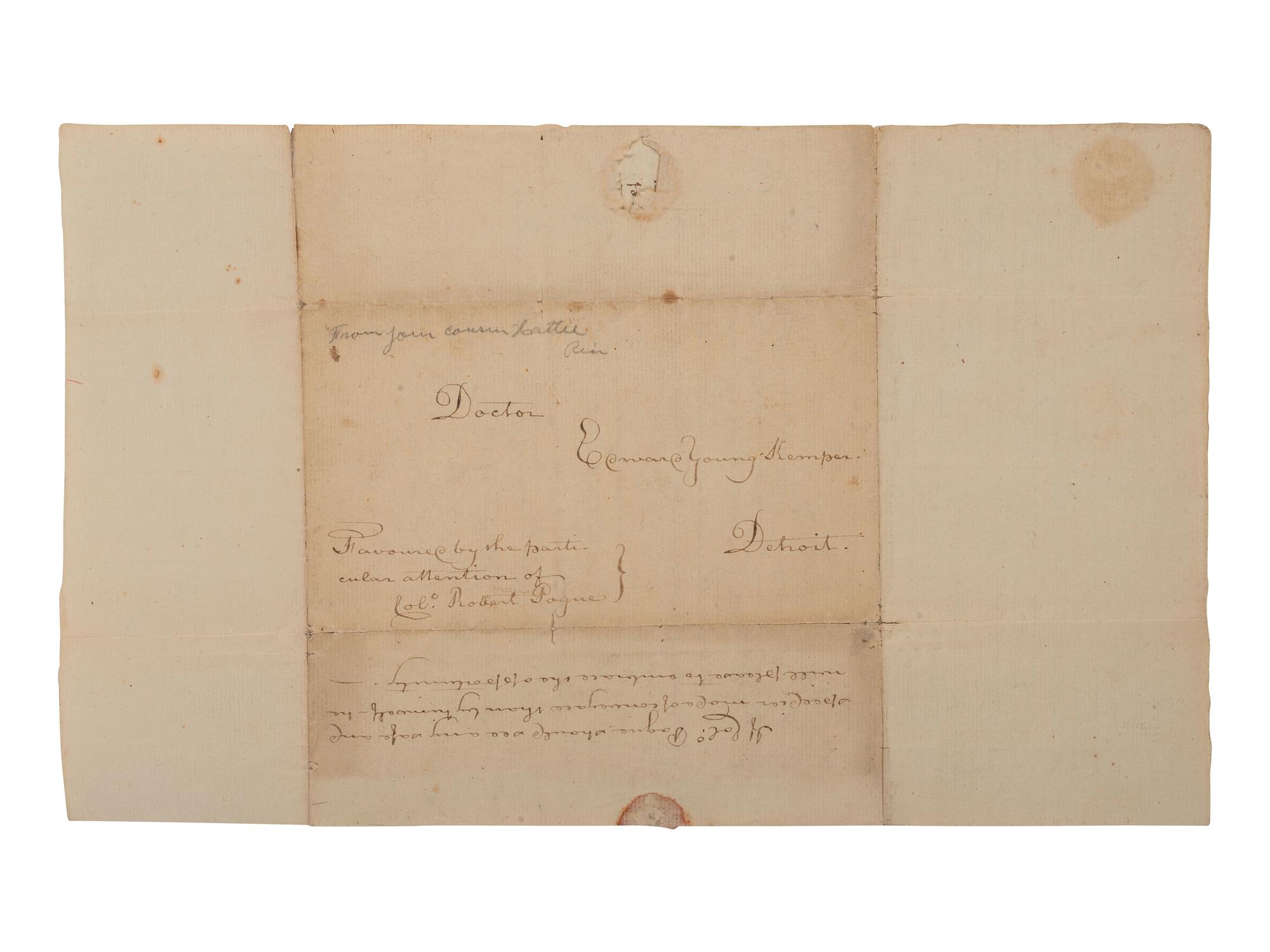 [WAR OF 1812]. Letter discussing military matters & Gen. Hull's surrender at Detroit. August 1812.