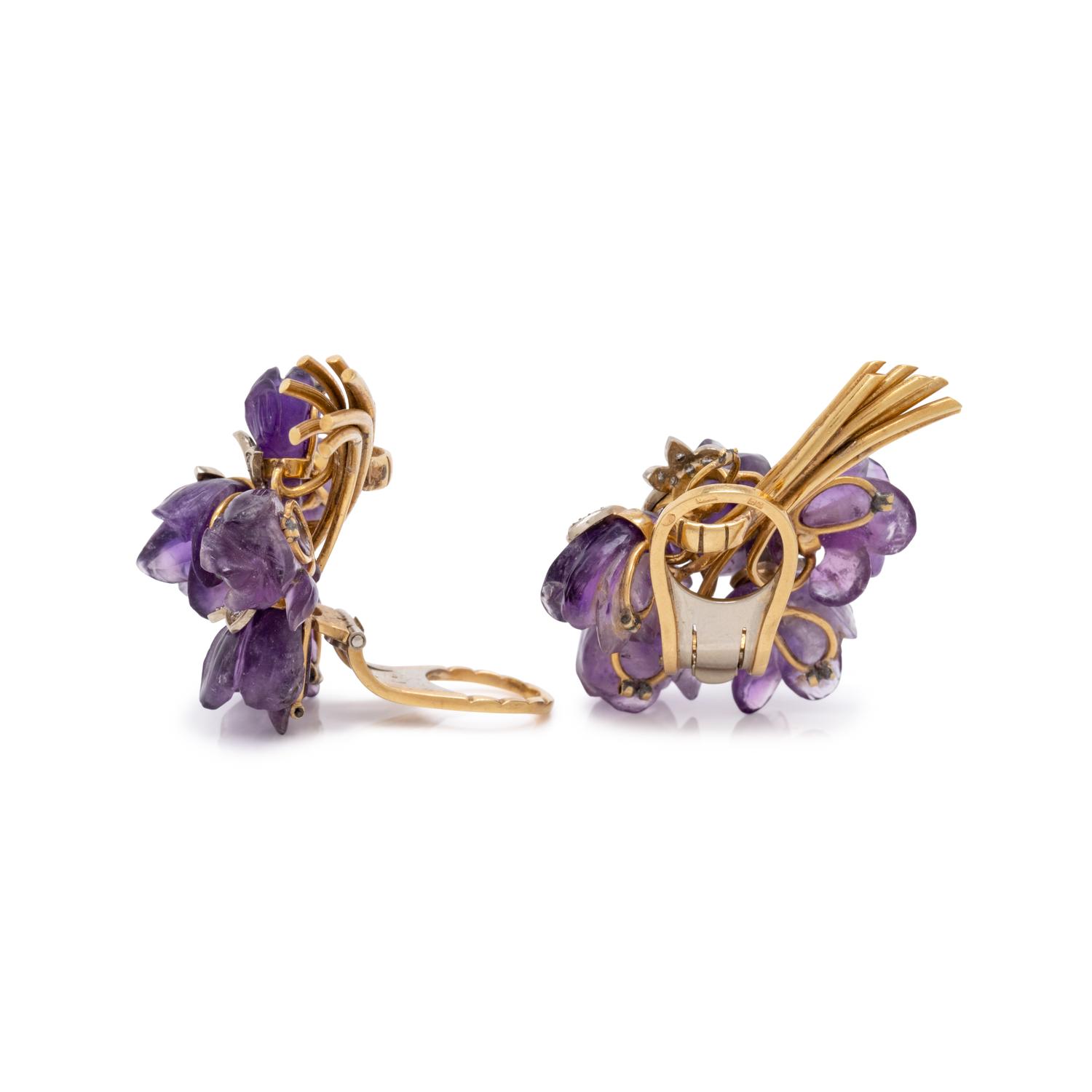 CARVED AMETHYST AND DIAMOND FLOWER EARCLIPS