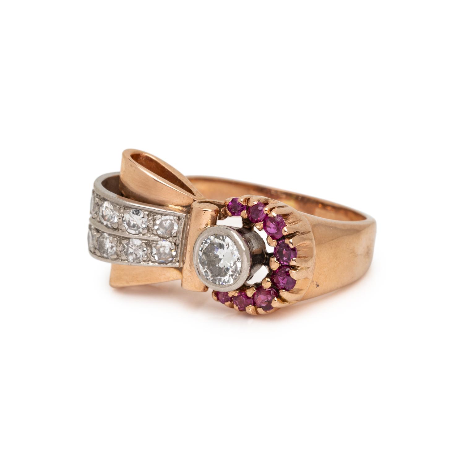 RETRO, ROSE GOLD, DIAMOND, AND RUBY BUCKLE RING