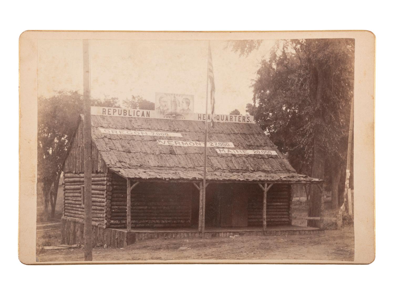 [HARRISON, Benjamin]. Albumen photographs showing Harrison and Morton campaign and Republican log cabins.