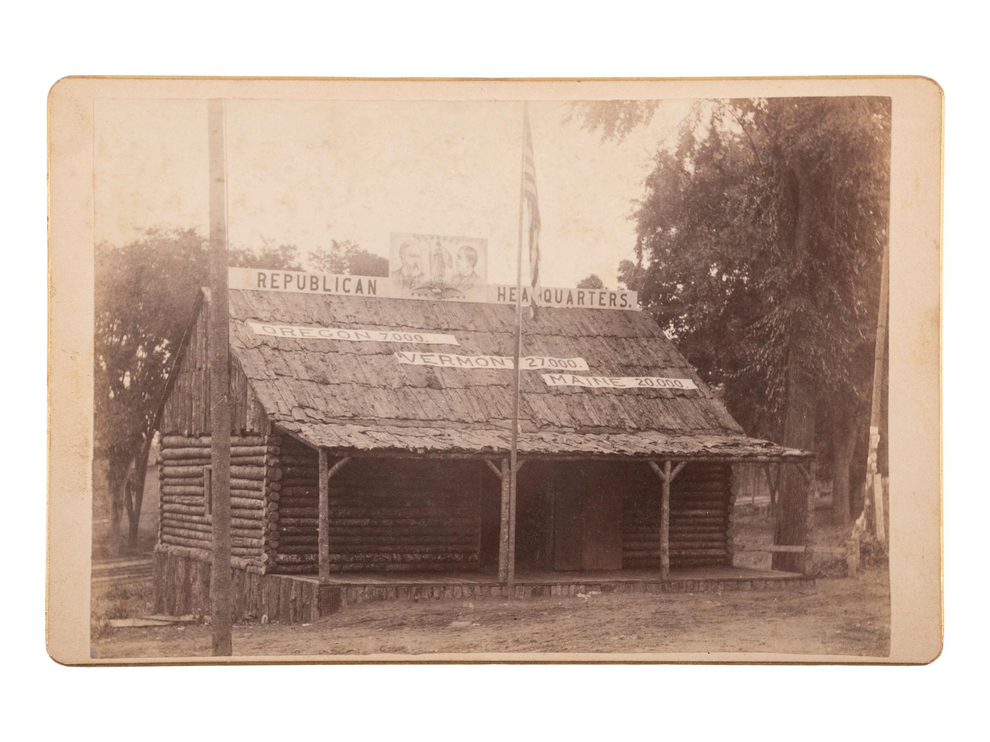 [HARRISON, Benjamin]. Albumen photographs showing Harrison and Morton campaign and Republican log cabins.