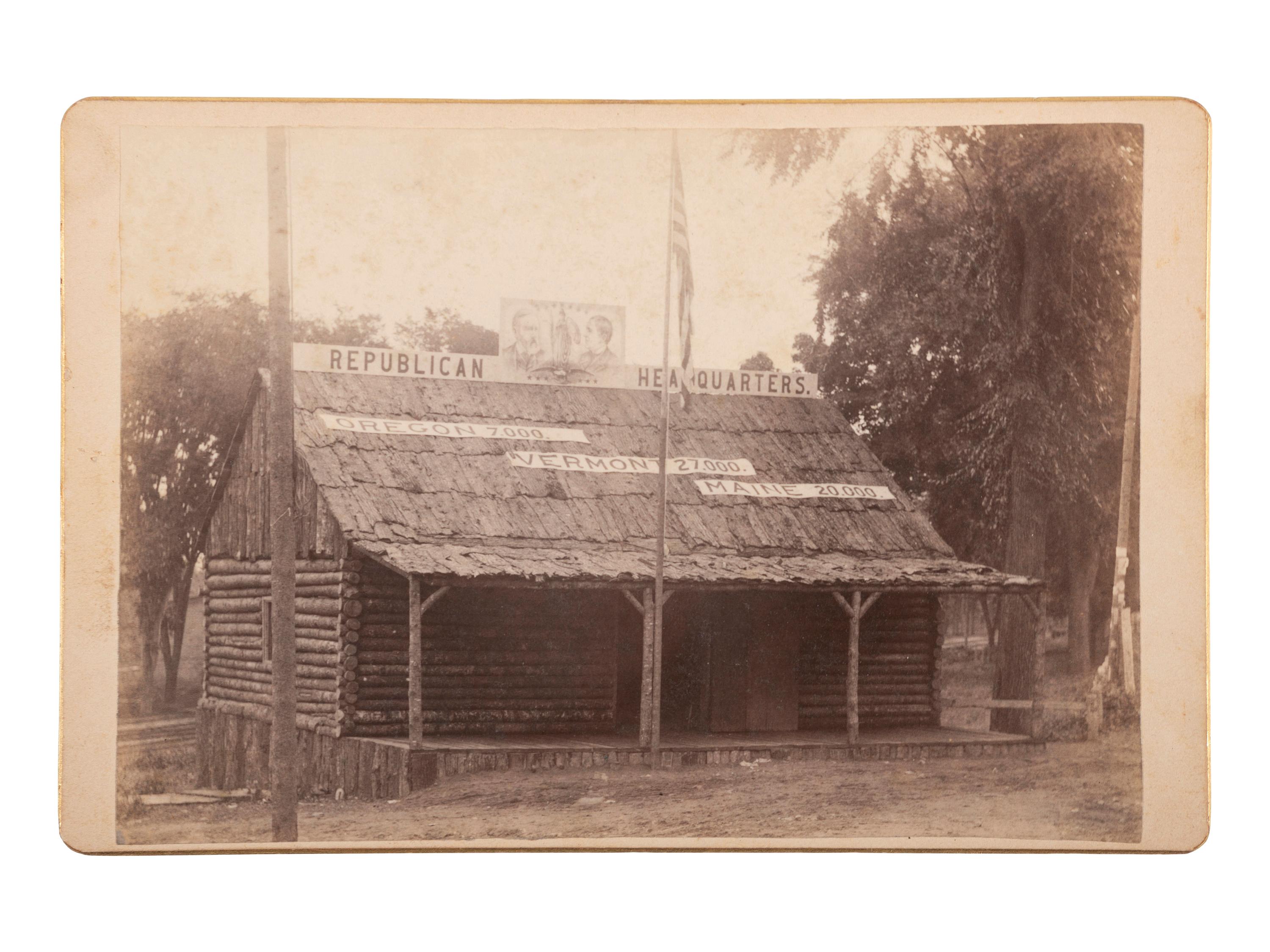 [HARRISON, Benjamin]. Albumen photographs showing Harrison and Morton campaign and Republican log cabins.