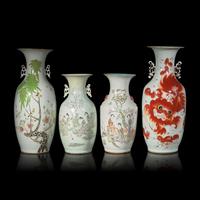 Four Chinese Enamelled Porcelain Baluster Vases, Late 19th-20th Century — 晚清-民國 粉彩、礬紅彩賞瓶一組四件