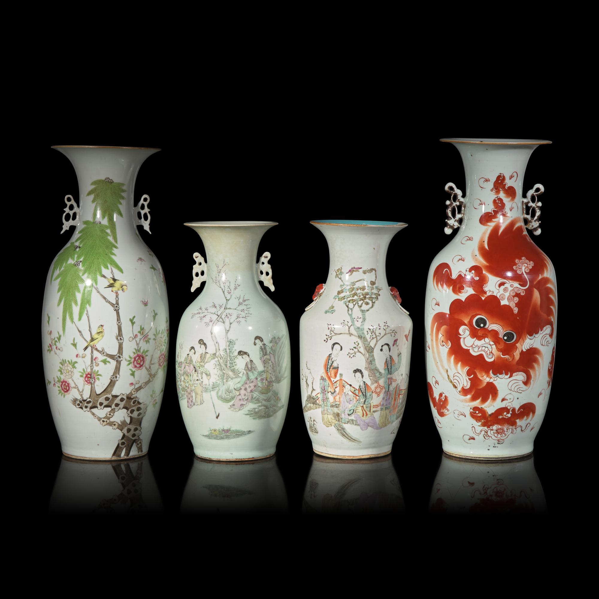 Four Chinese Enamelled Porcelain Baluster Vases, Late 19th-20th Century — 晚清-民國 粉彩、礬紅彩賞瓶一組四件