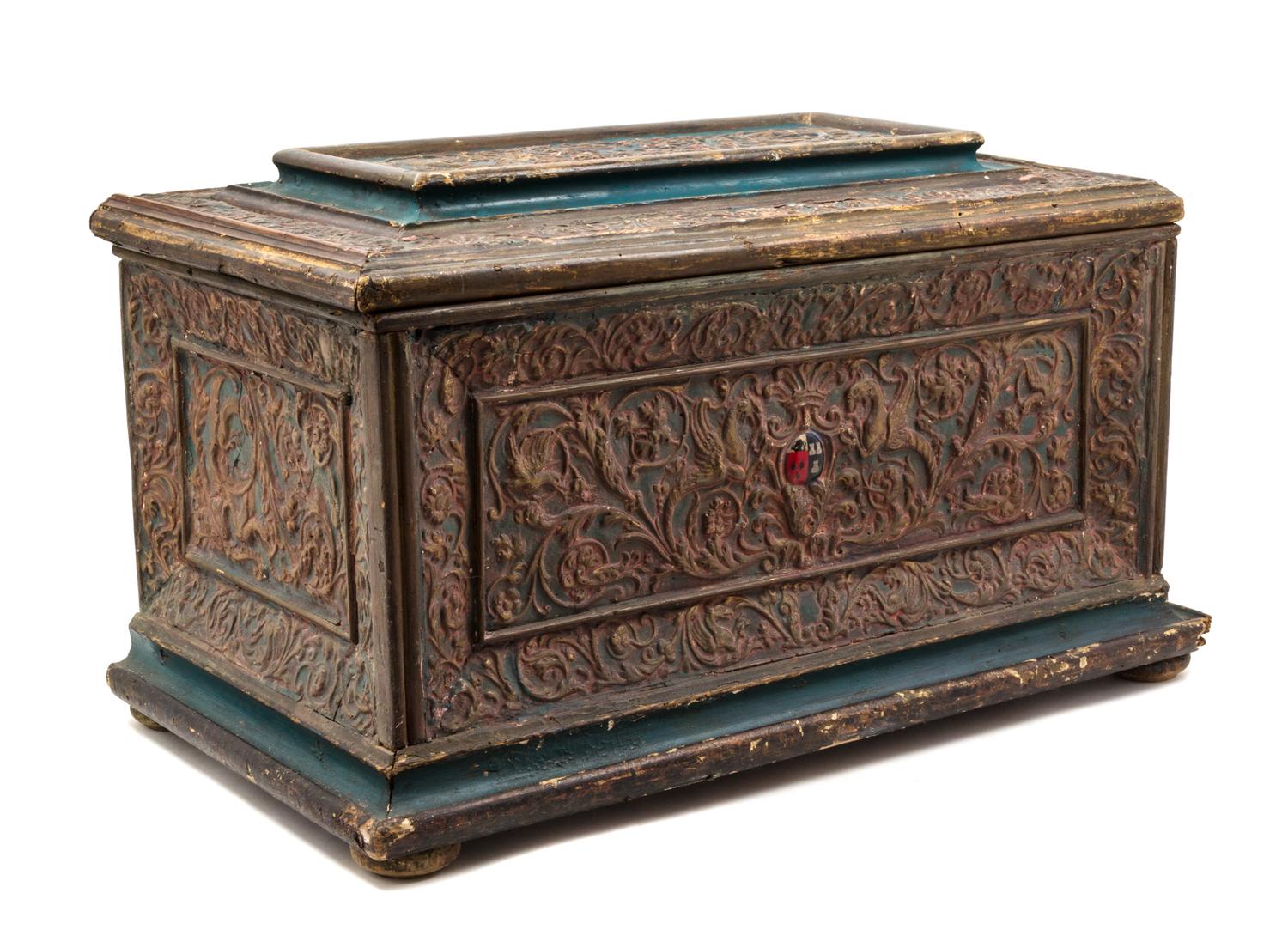 An Italian Carved and Polychrome Decorated Coffer Height 15 x width 25 x depth 16 inches. — 18TH CENTURY