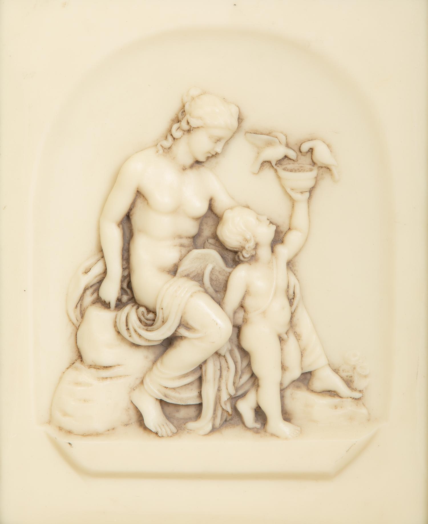 Four Faux Marble Resin Bas Relief Panels of Putti and Classical Figures