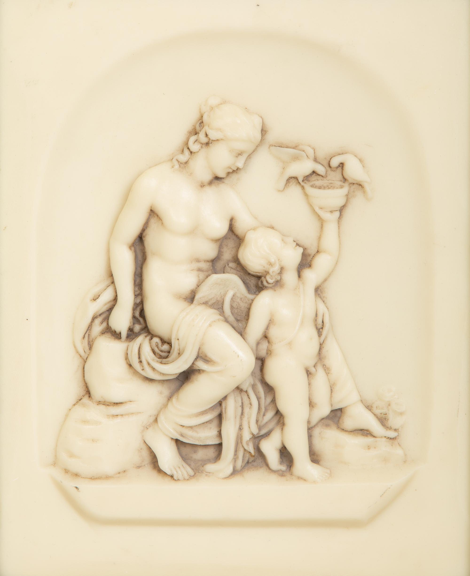 Four Faux Marble Resin Bas Relief Panels of Putti and Classical Figures