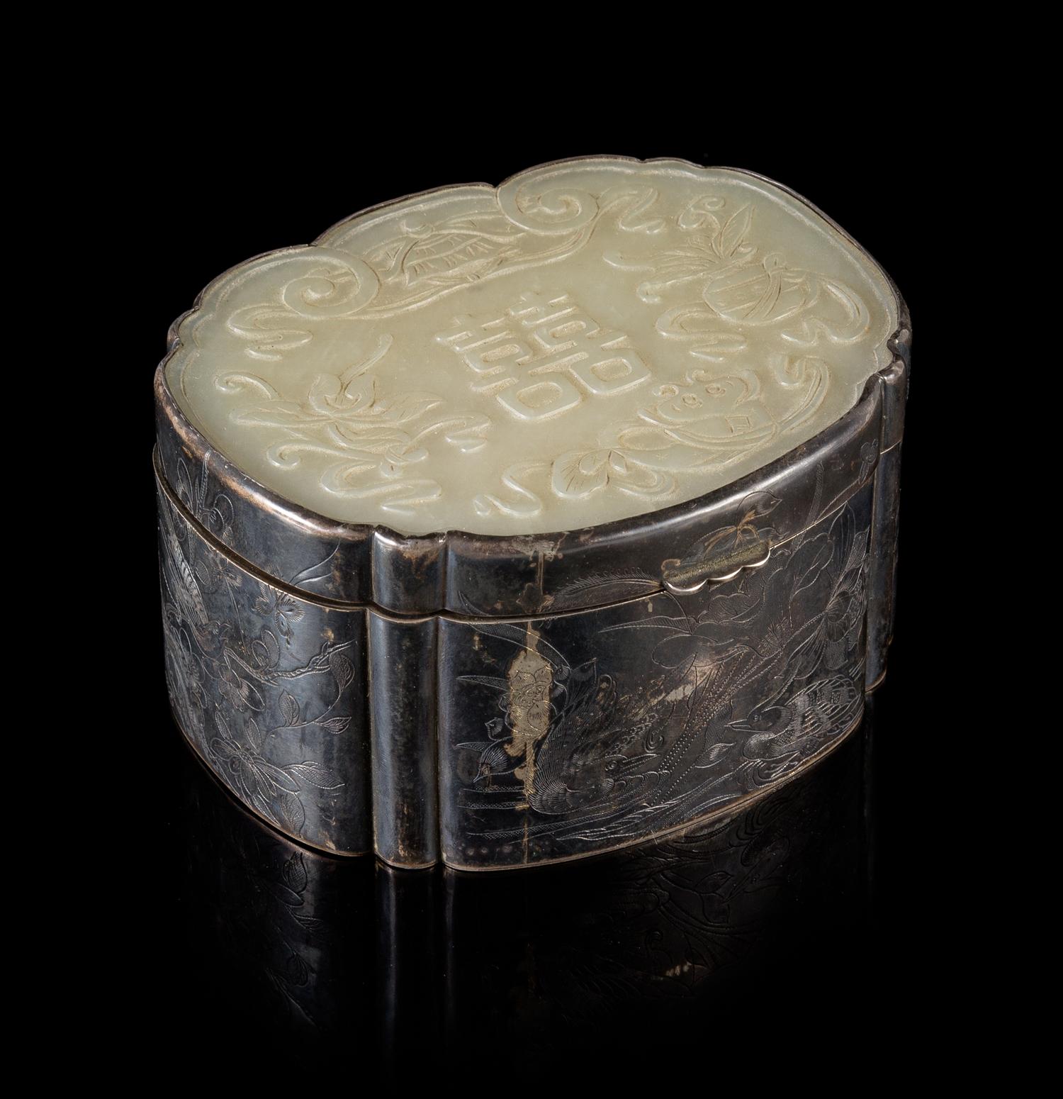 A Jade Inset Silver Box Length of jade 4 3/4 inches.