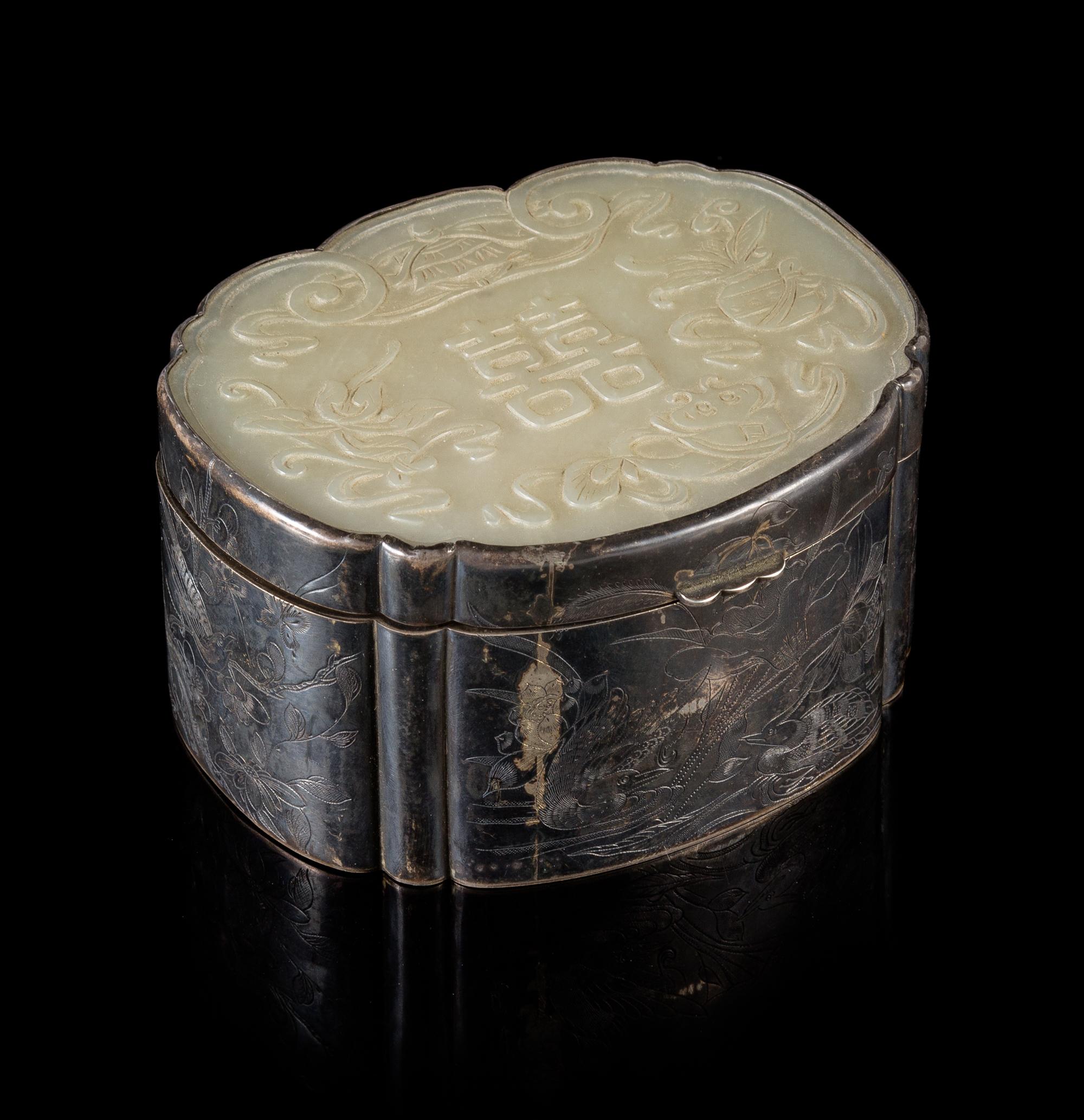 A Jade Inset Silver Box Length of jade 4 3/4 inches.