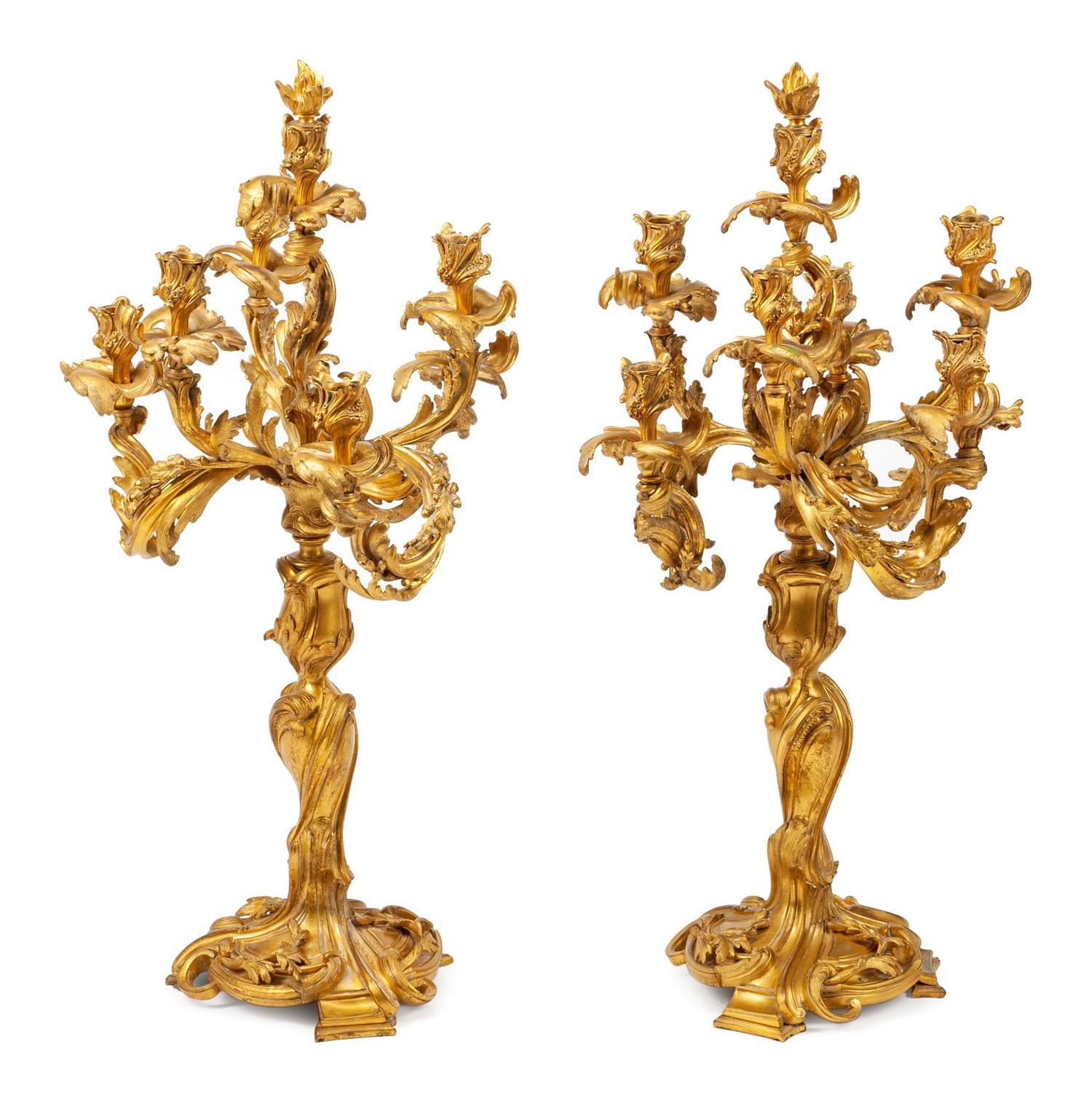 A Pair of Louis XV Style Gilt Bronze Seven-Light Candelabra