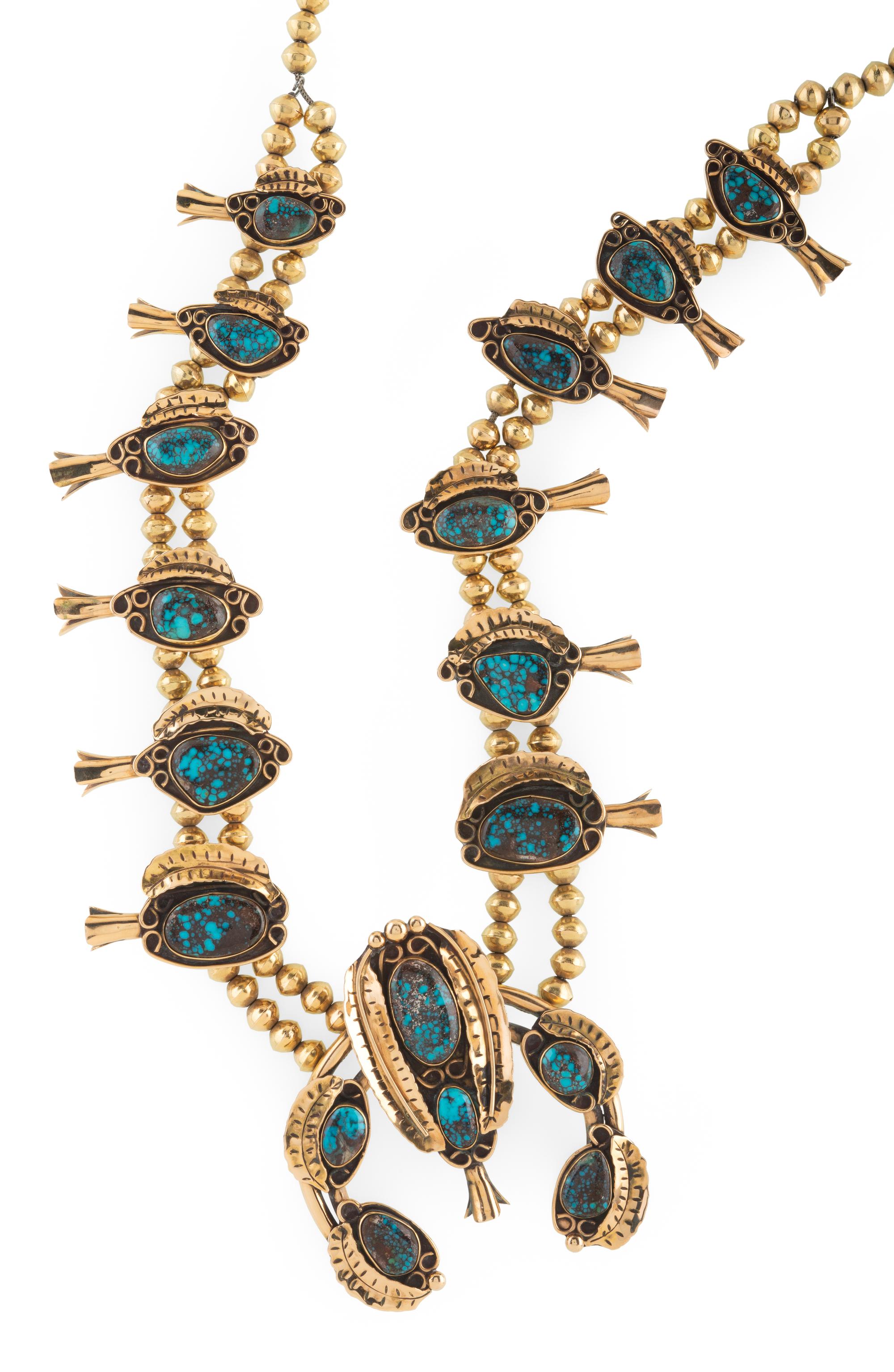 Southwestern 14k Gold Squash Blossom Necklace, with Bisbee Turquoise Lot is located and will ship from Denver, Colorado.