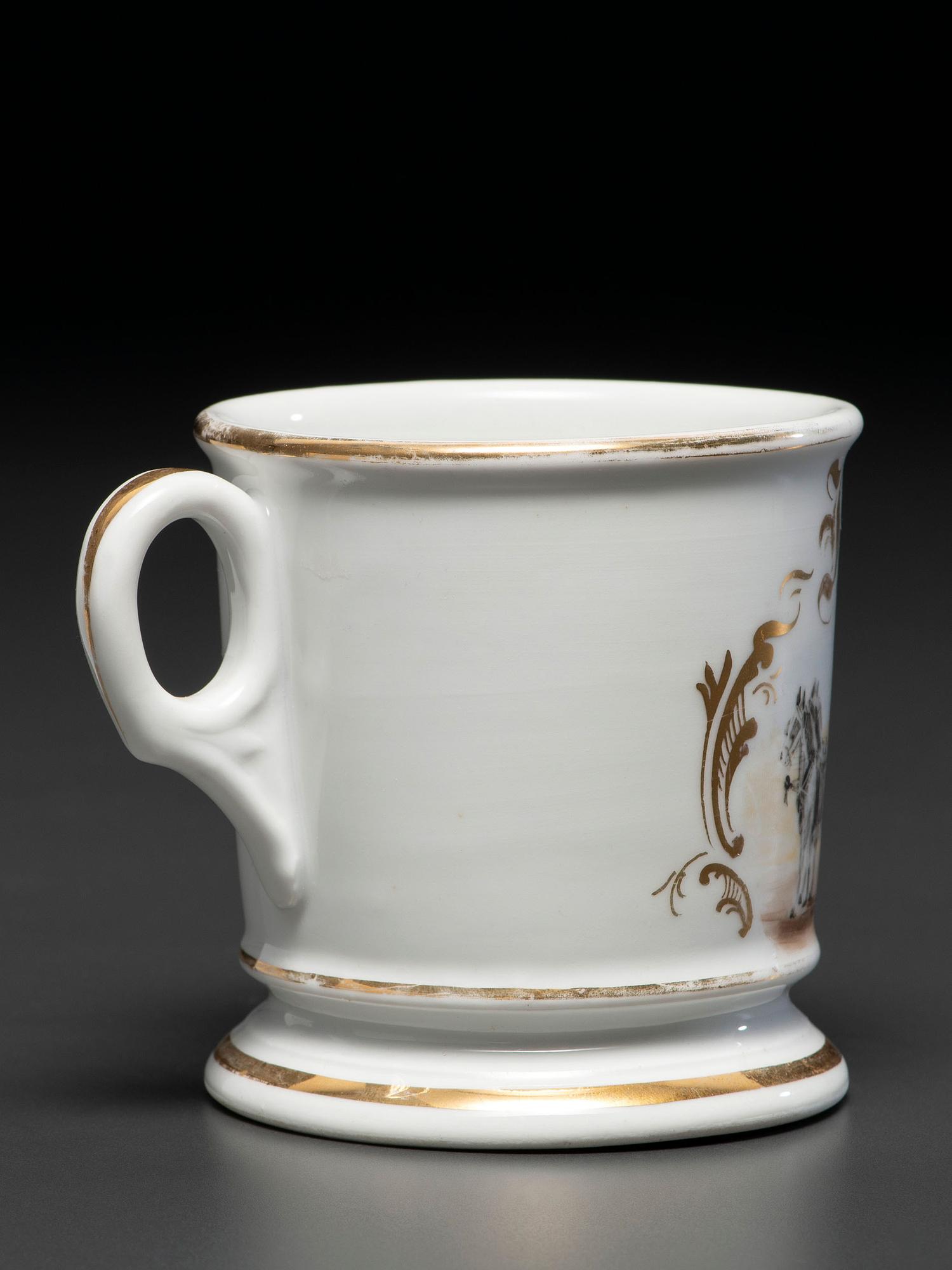 A Porcelain Occupational Shaving Mug Depicting a Horse-Drawn Hearse