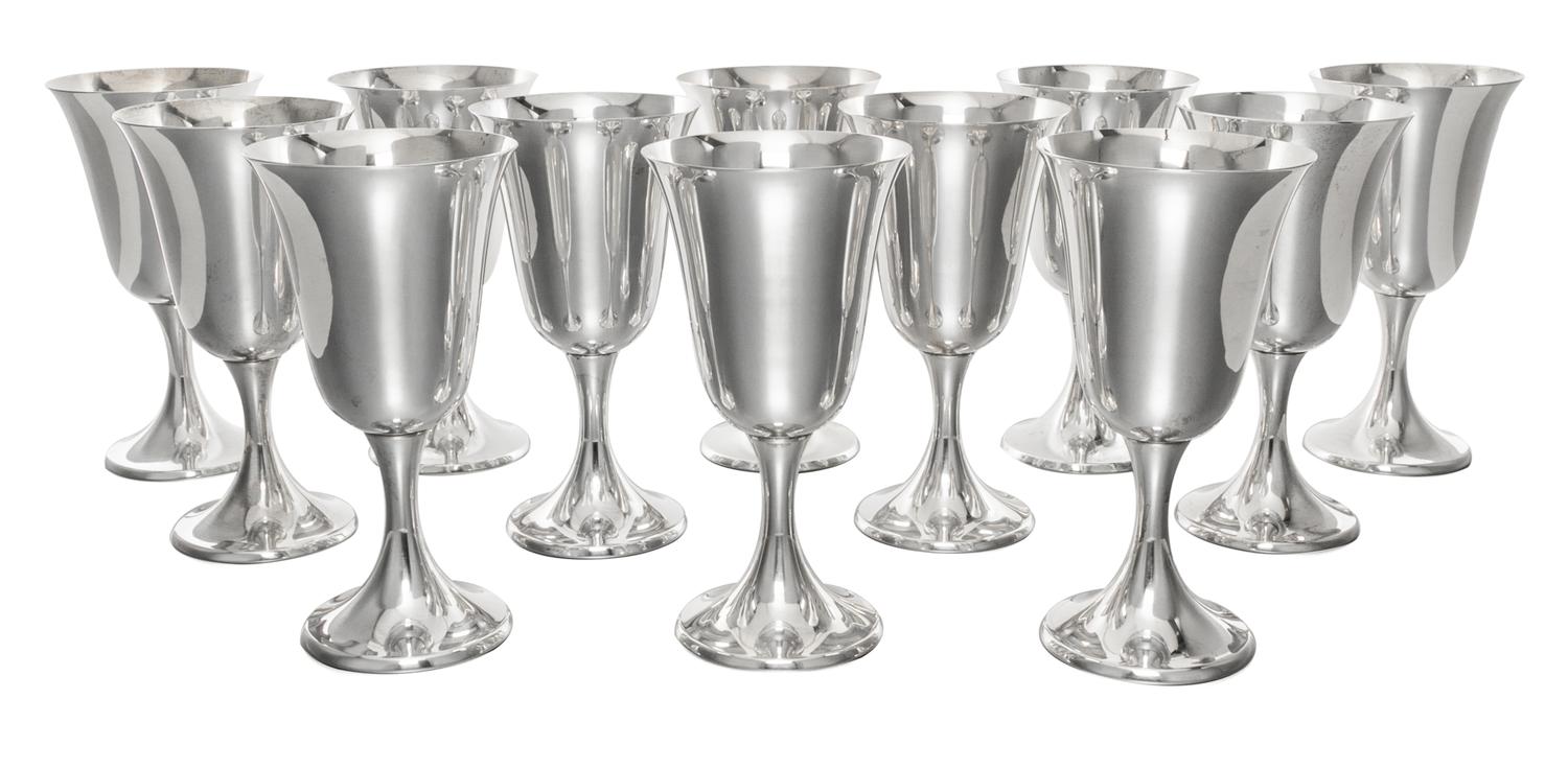 A Set of Twelve American Silver Goblets, Gorham Mfg. Co., Providence, RI, Puritan pattern, each having a flared mouth raised on a taper