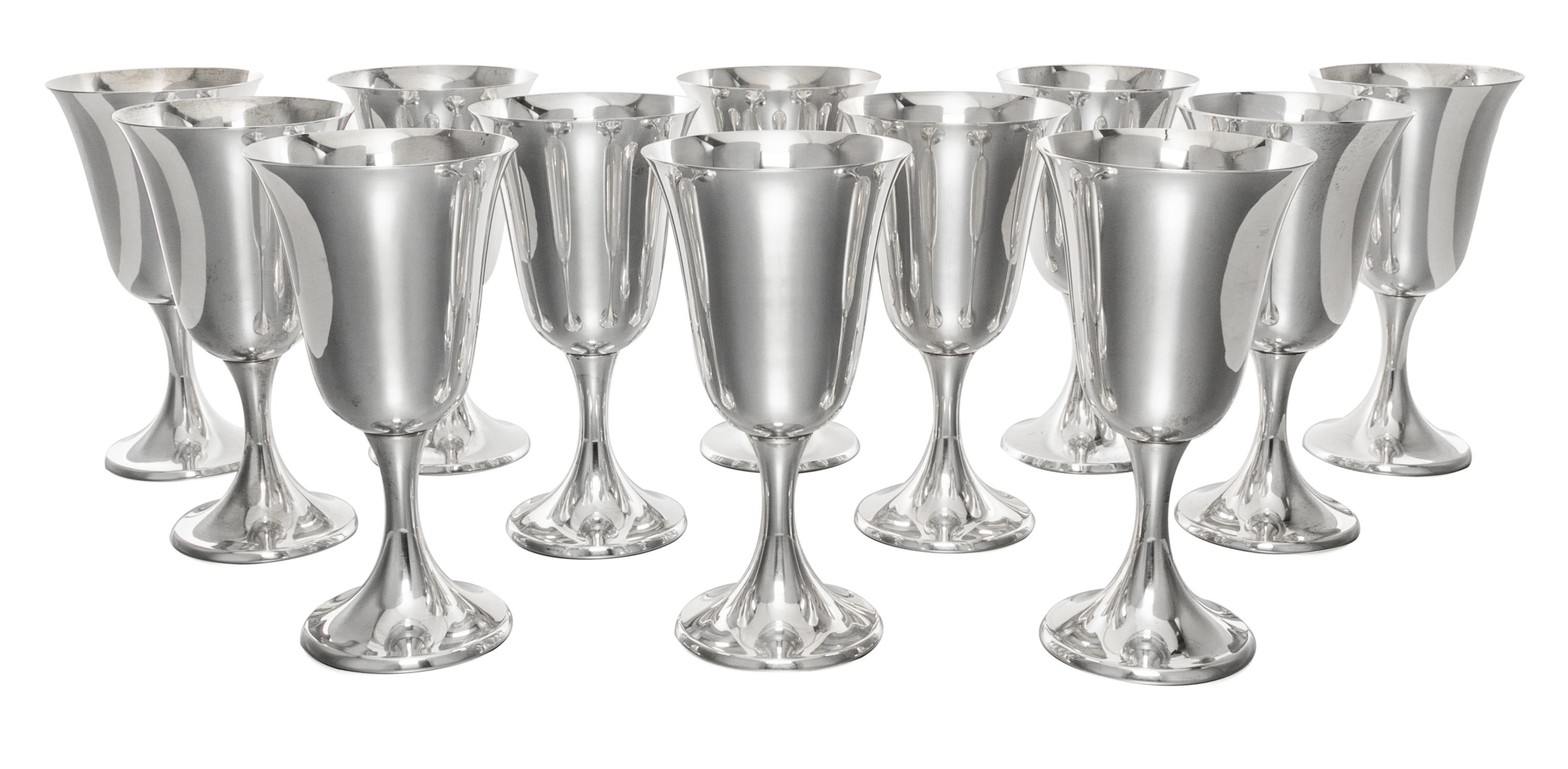 A Set of Twelve American Silver Goblets, Gorham Mfg. Co., Providence, RI, Puritan pattern, each having a flared mouth raised on a taper