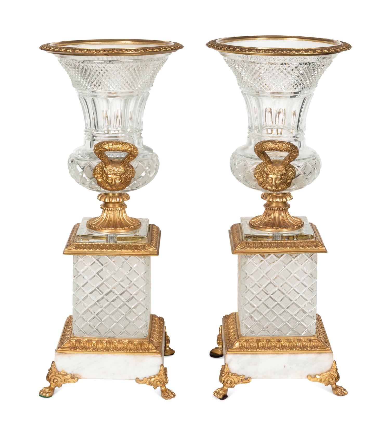 A Pair of Empire Style Gilt Bronze Mounted Cut Glass Urns