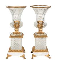 A Pair of Empire Style Gilt Bronze Mounted Cut Glass Urns