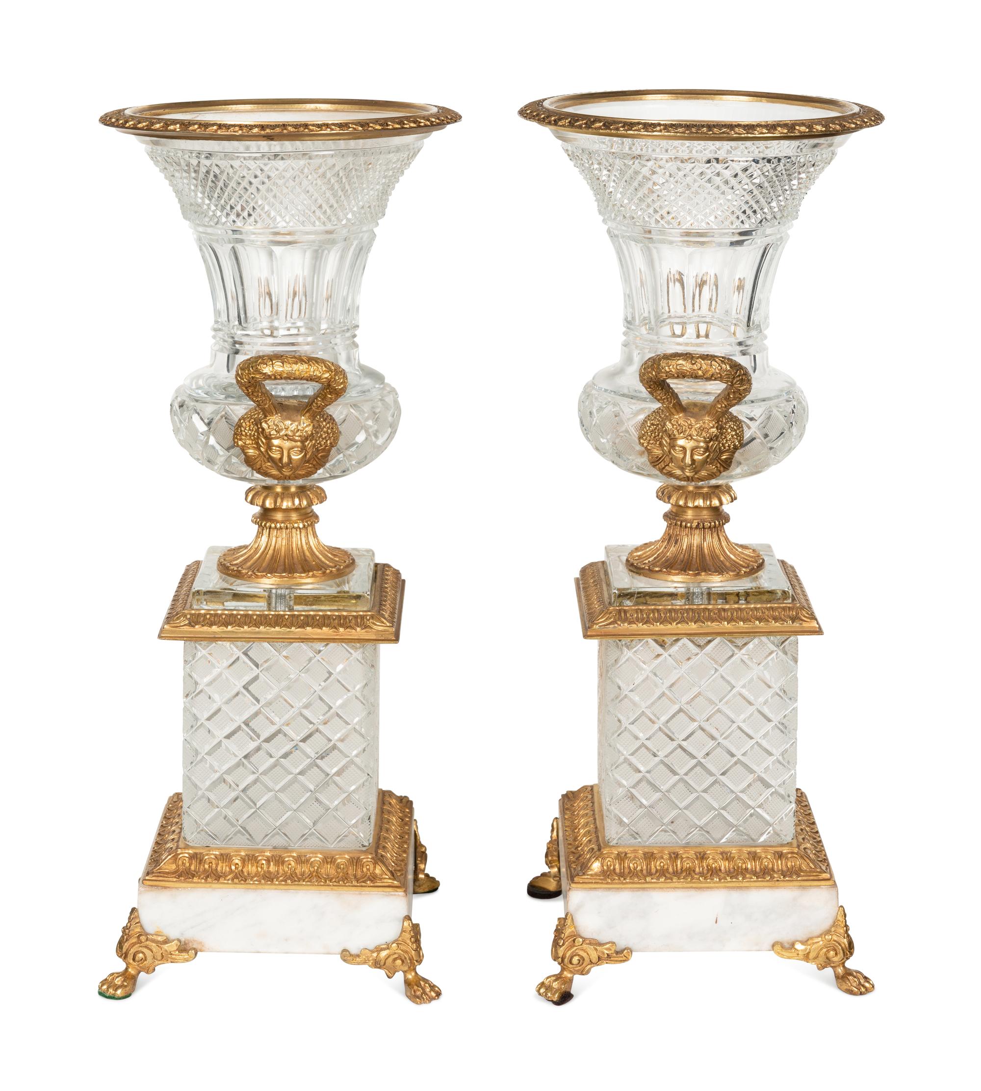 A Pair of Empire Style Gilt Bronze Mounted Cut Glass Urns