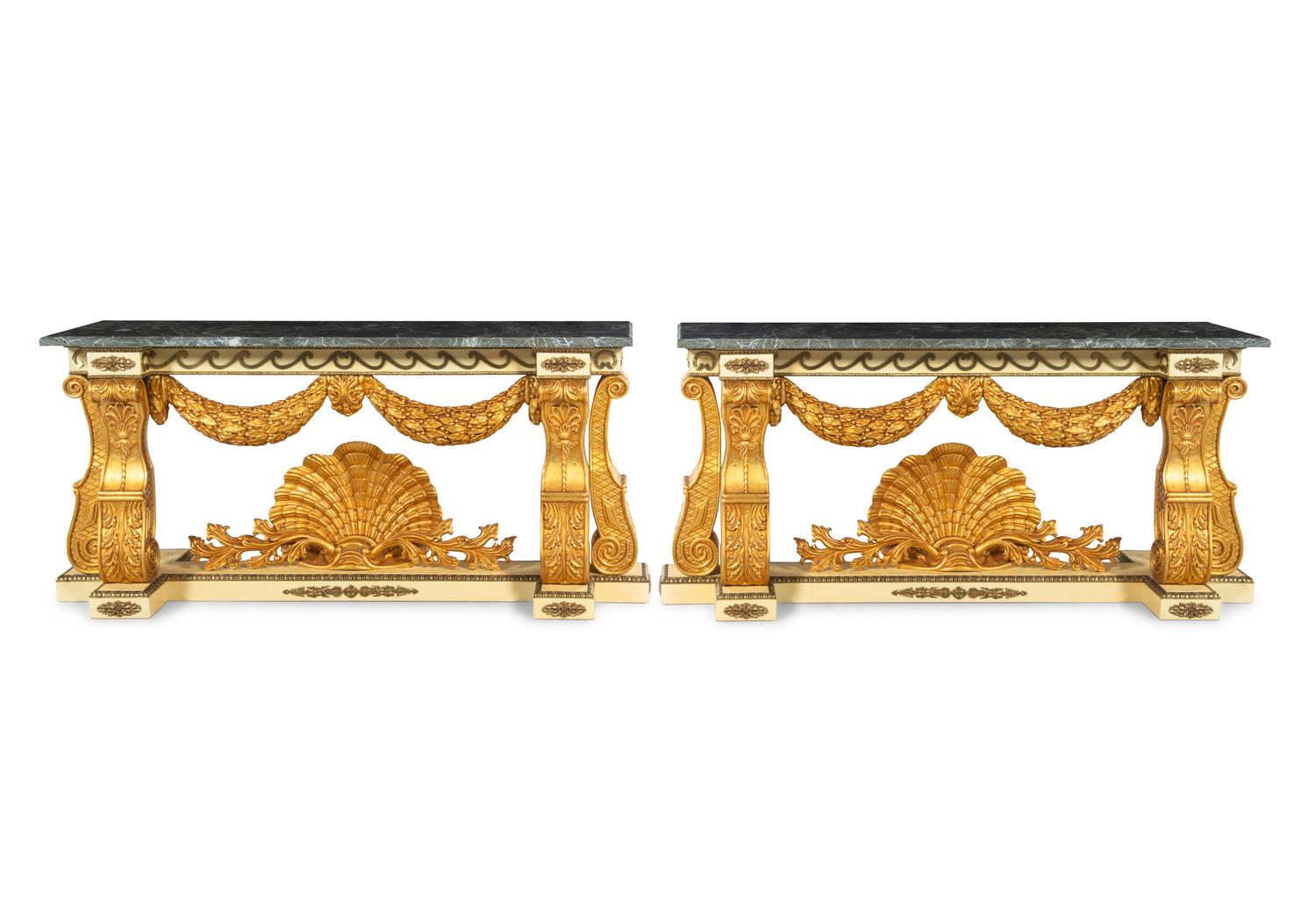 A Pair of Neoclassical Style Giltwood Marble-Top Console Tables