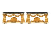 A Pair of Neoclassical Style Giltwood Marble-Top Console Tables
