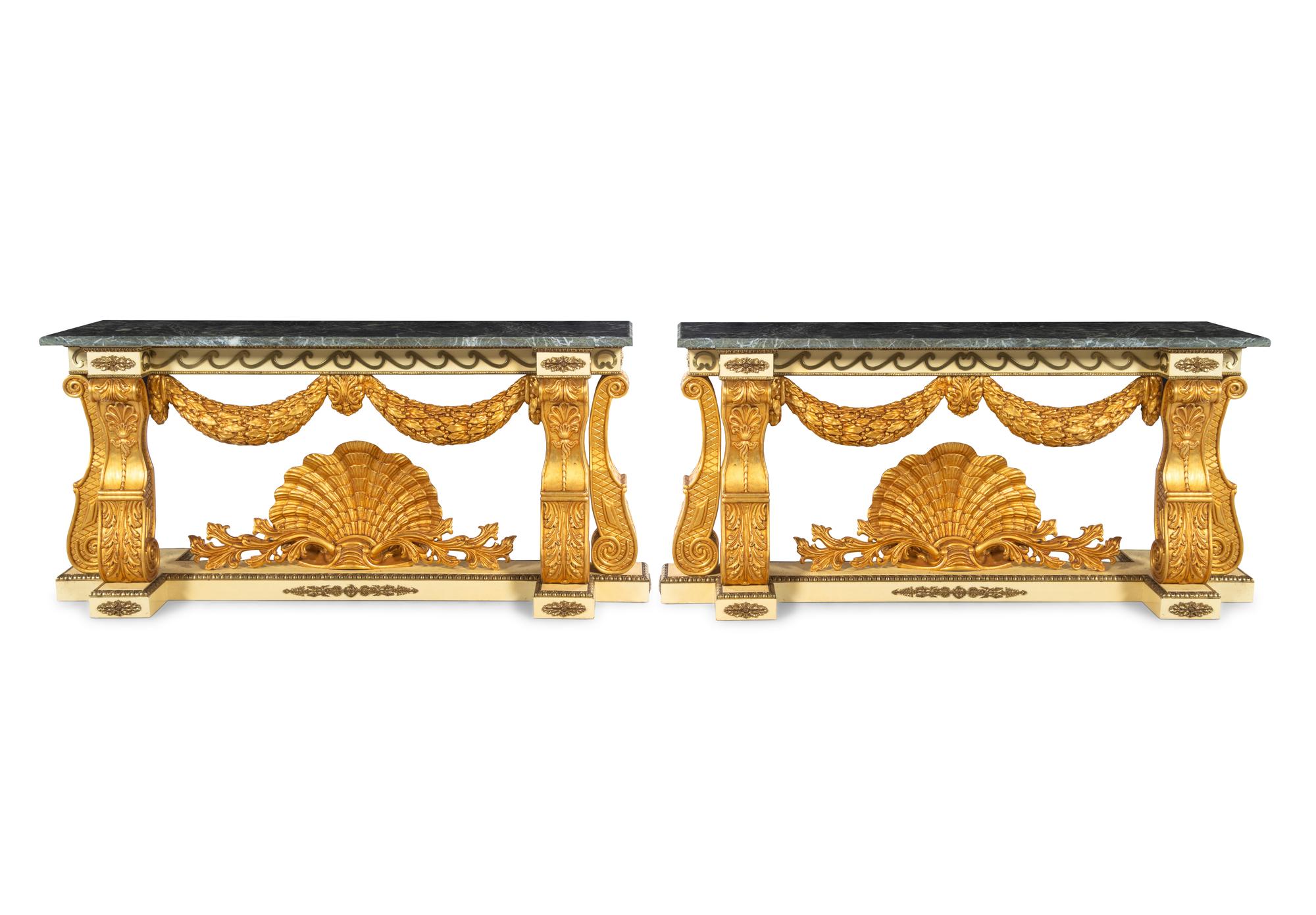 A Pair of Neoclassical Style Giltwood Marble-Top Console Tables