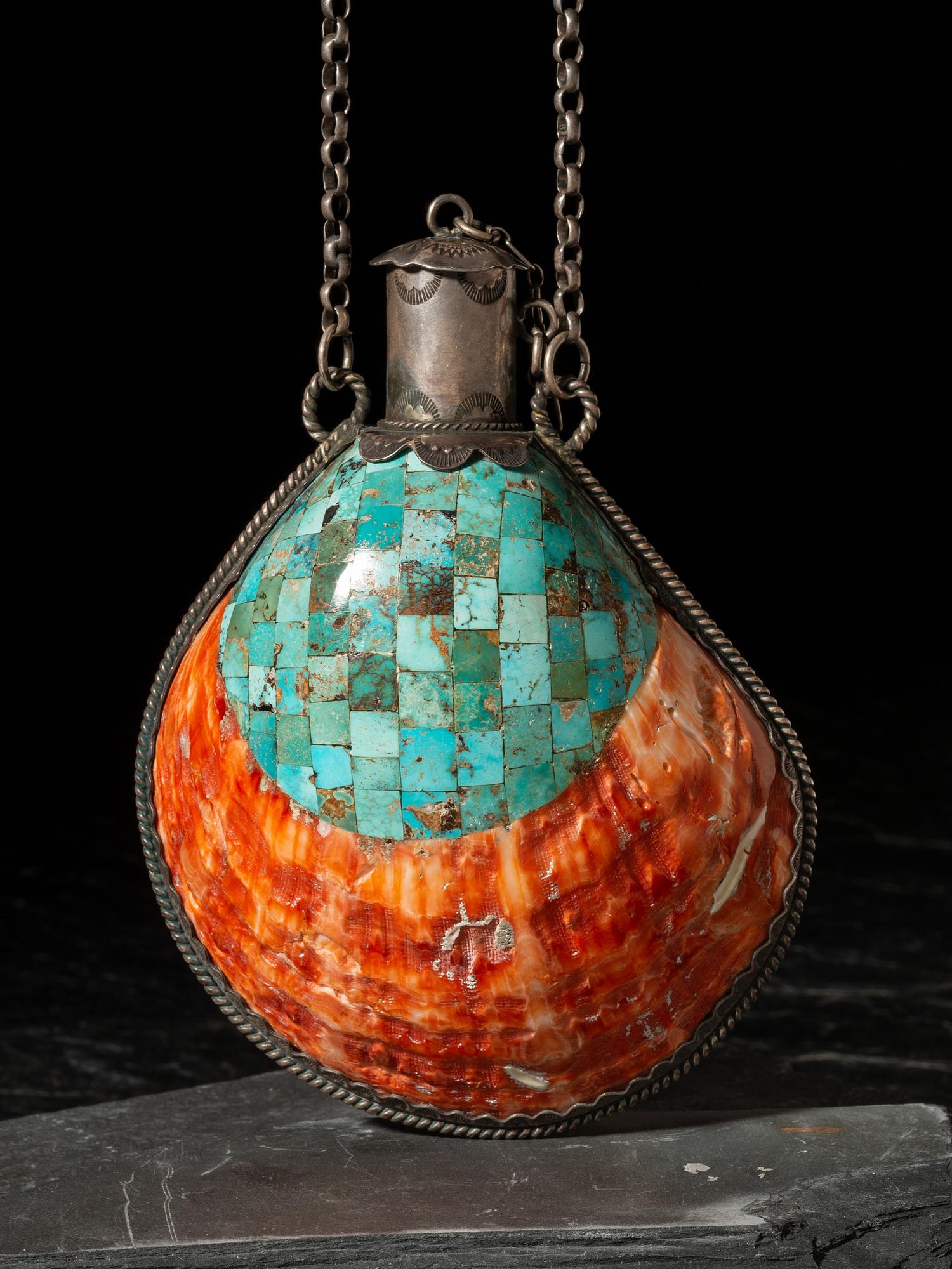 Southwestern-style Spiny Oyster Shell, Turquoise, and Silver Canteen, 2016