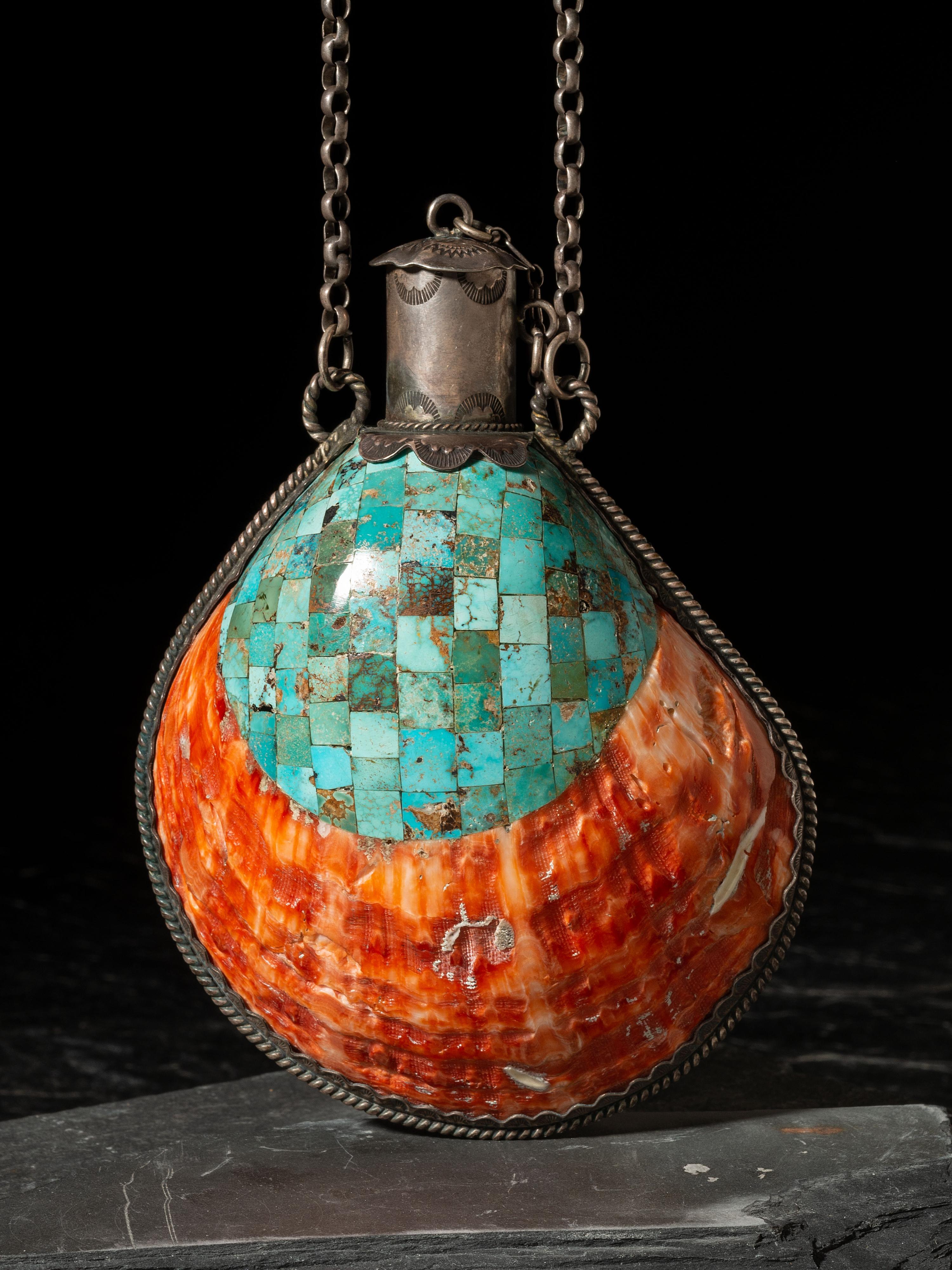 Southwestern-style Spiny Oyster Shell, Turquoise, and Silver Canteen, 2016