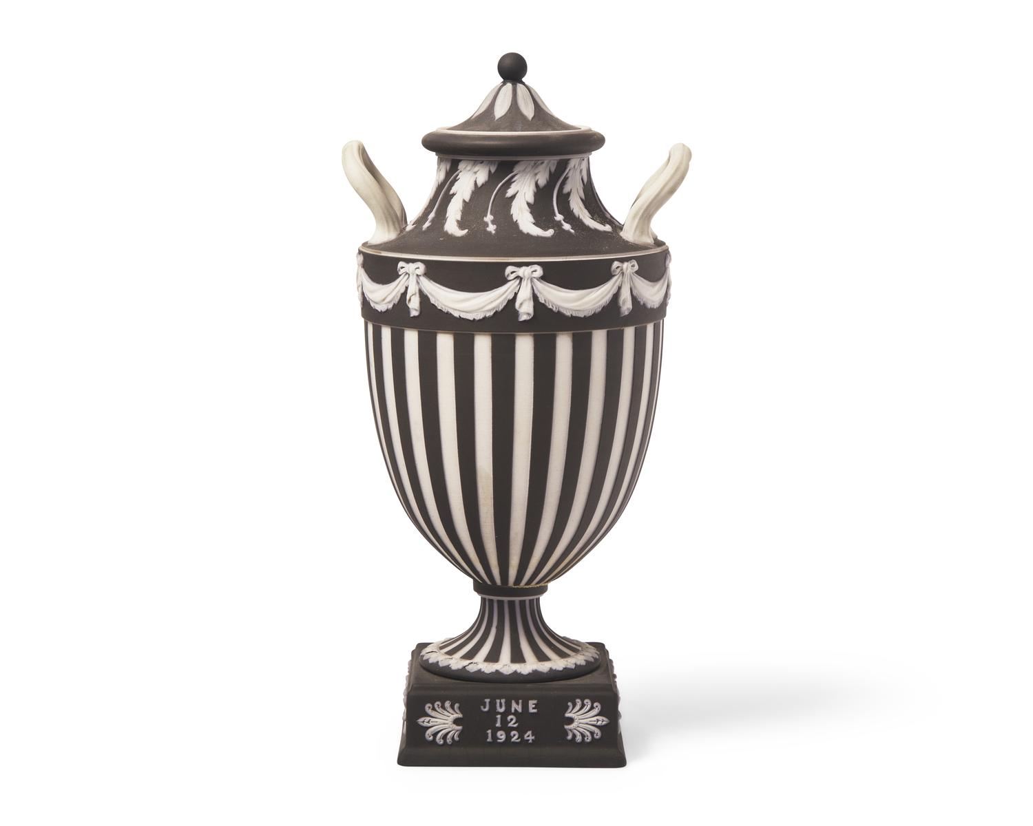 A Wedgwood Engine Turned Jasperware Vase and Cover