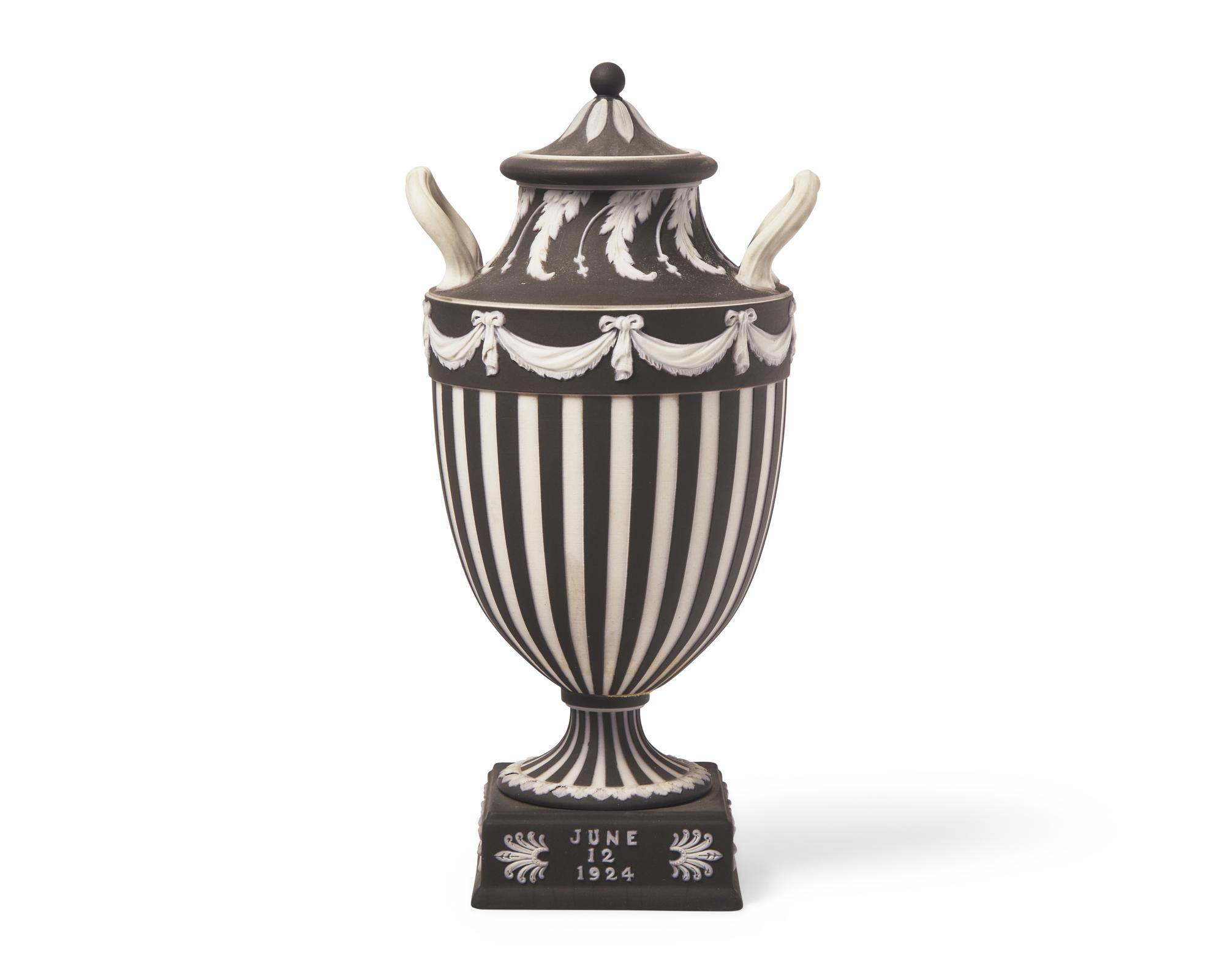 A Wedgwood Engine Turned Jasperware Vase and Cover