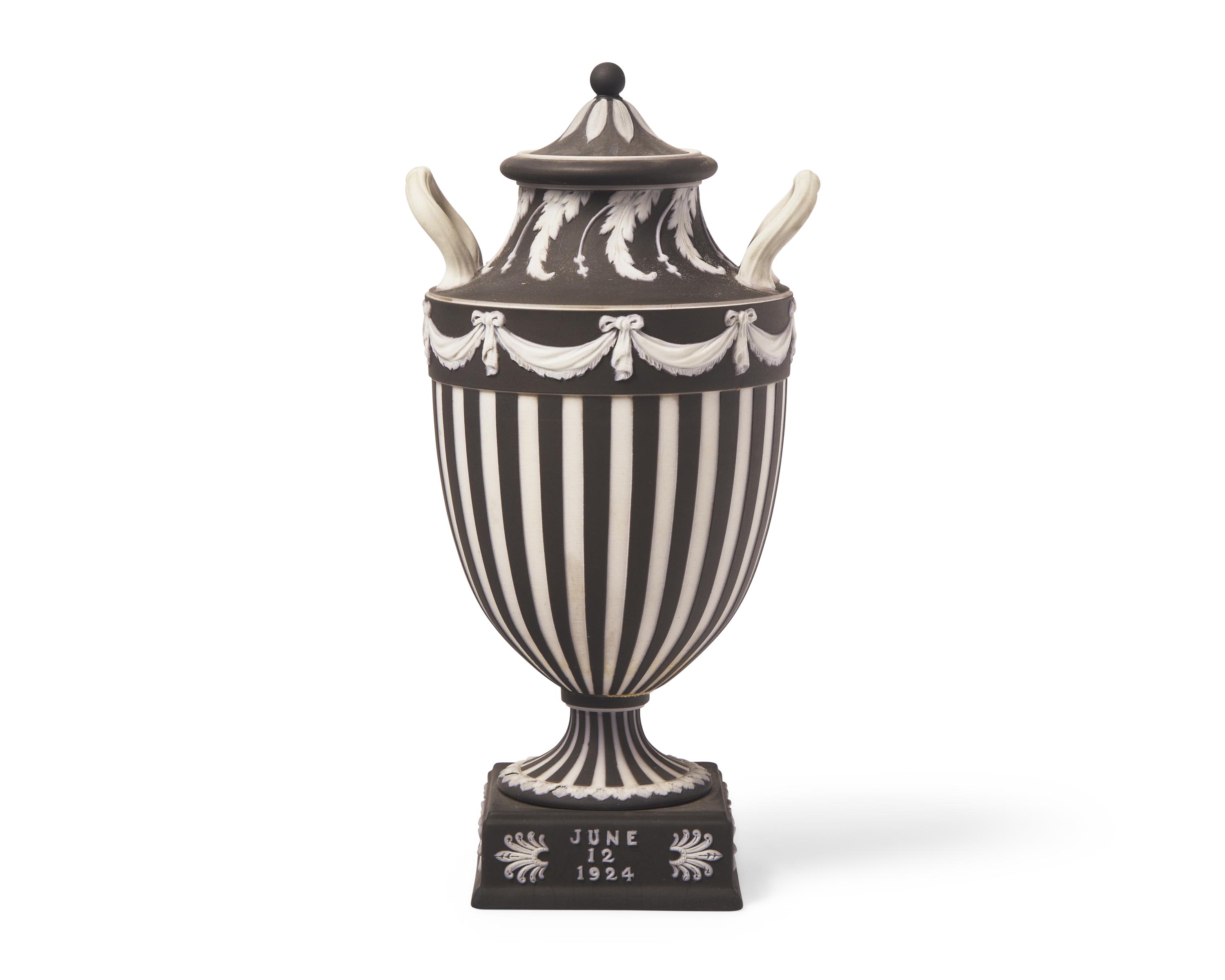 A Wedgwood Engine Turned Jasperware Vase and Cover