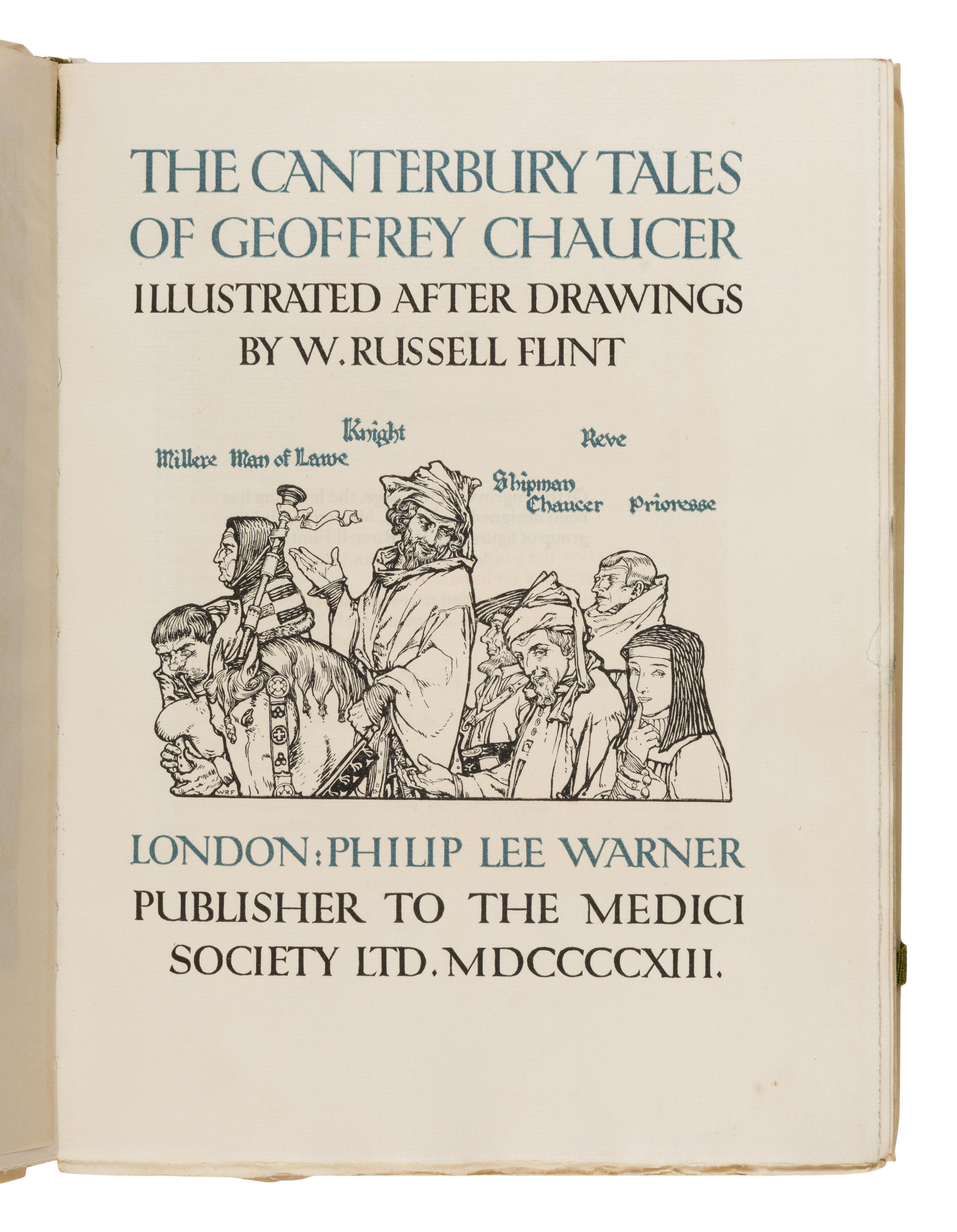 [Fine Press - Riccardi Press]. -- [Flint, William Russell, Sir (1880-1969), illustrator]. Chaucer, Geoffrey (d. 1400). The Canterbury Tales . London: Riccardi Press for Philip Lee Warner at the Medici Society, 1913.