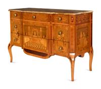 A Late Louis XV Transitional Style Marquetry Commode with Red Onyx Top