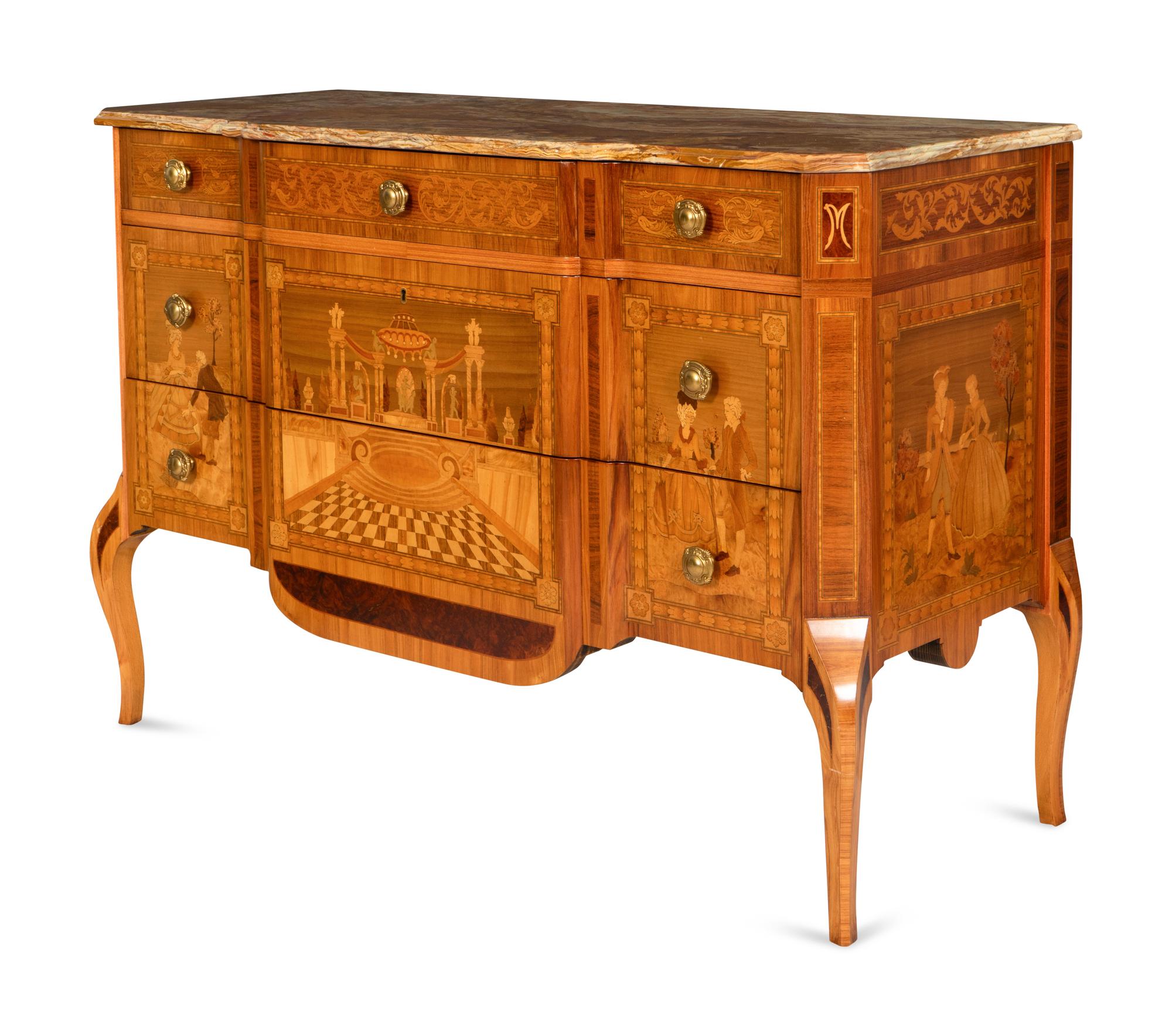 A Late Louis XV Transitional Style Marquetry Commode with Red Onyx Top