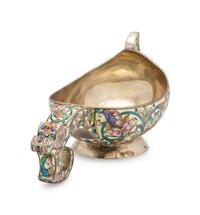 A Large Russian Silver and Shaded Enamel Kovsh