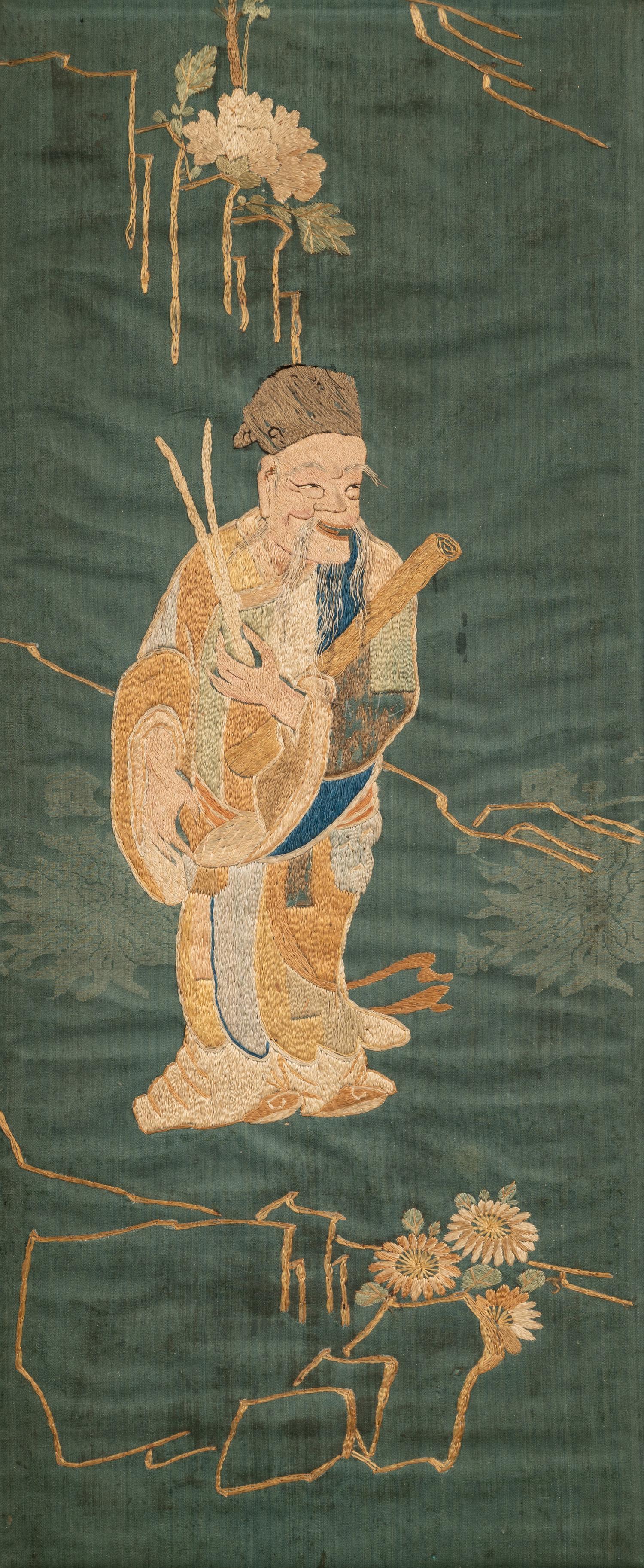 Two Chinese Blue Ground Embroidered Silk Panels