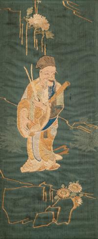 Two Chinese Blue Ground Embroidered Silk Panels