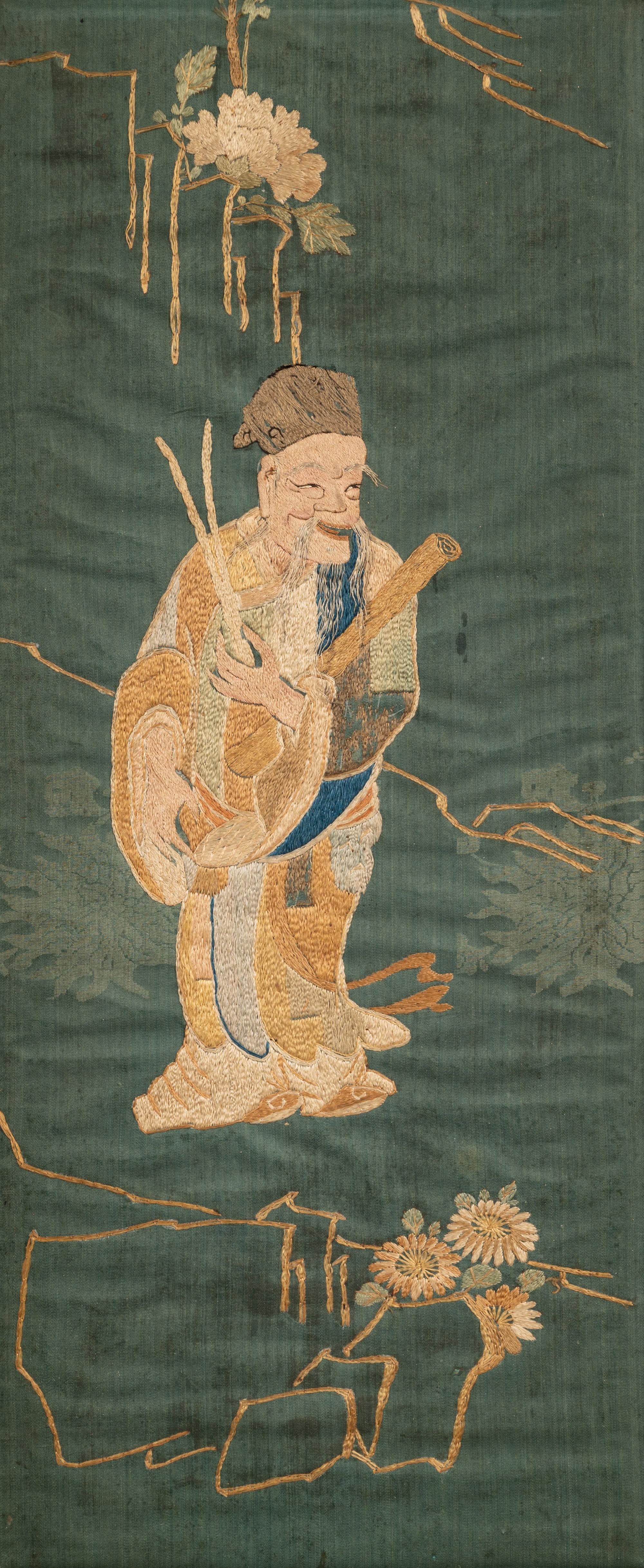 Two Chinese Blue Ground Embroidered Silk Panels