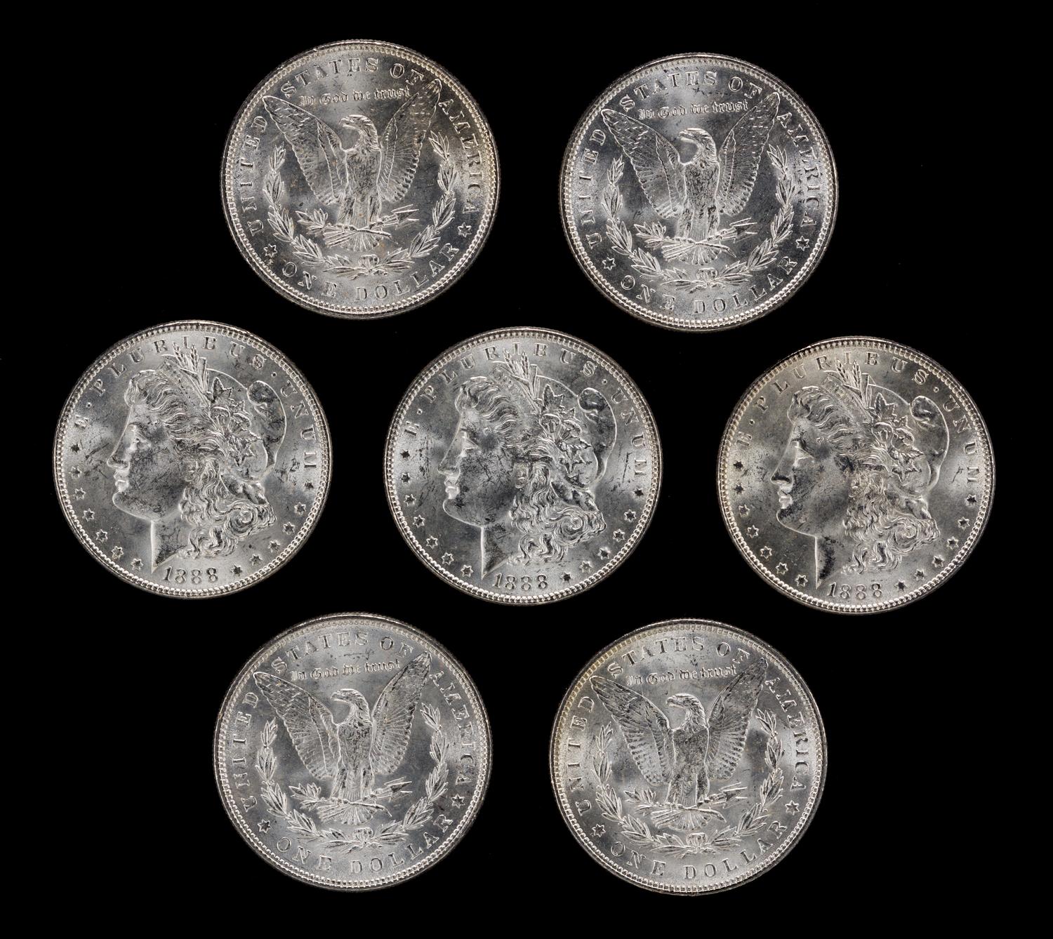 A Group of Seven United States 1888 Morgan Silver Dollar Coins