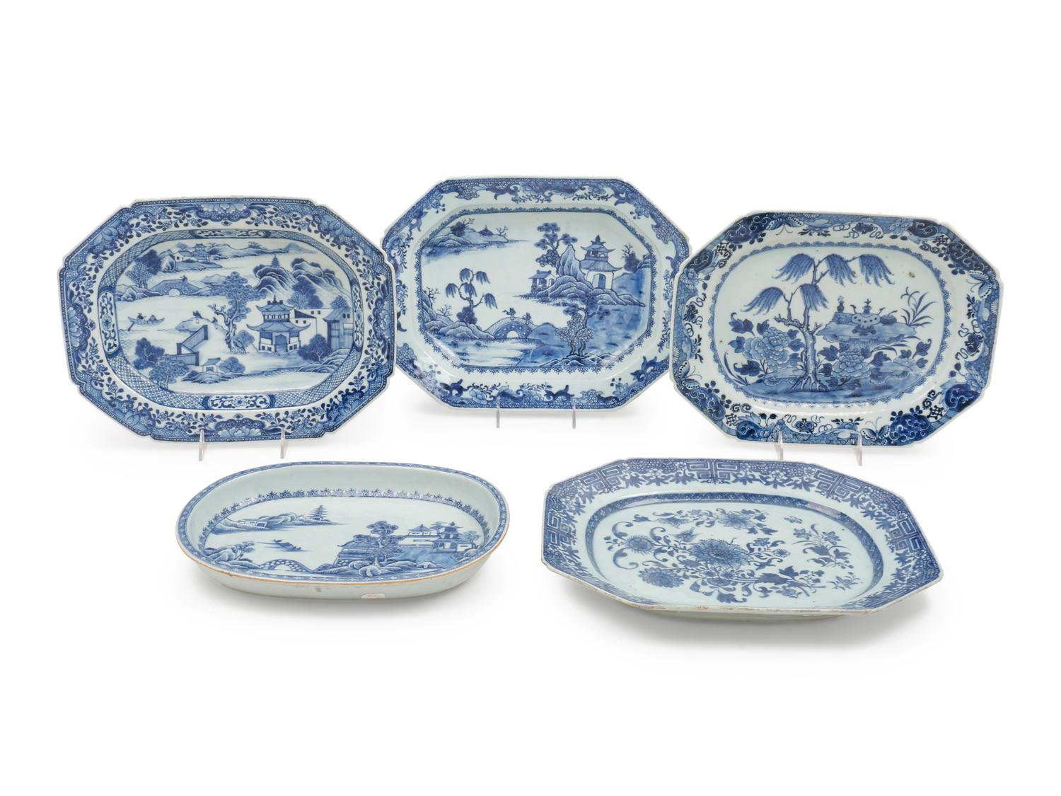 Five Chinese Export Blue and White Porcelain Platters
