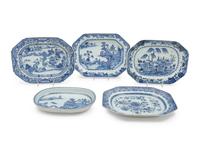 Five Chinese Export Blue and White Porcelain Platters