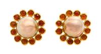 A Pair of High Karat Gold, Citrine and Cultured Tahitian Pearl Earclips, 14.90 dwts.