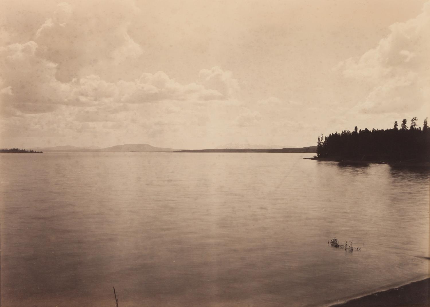 Frank Jay Haynes, (American, 1853-1921), Liberty Cap and Hotel, Yellowstone National Park Yellowstone Lake, Mount Sheridan, Yellowstone