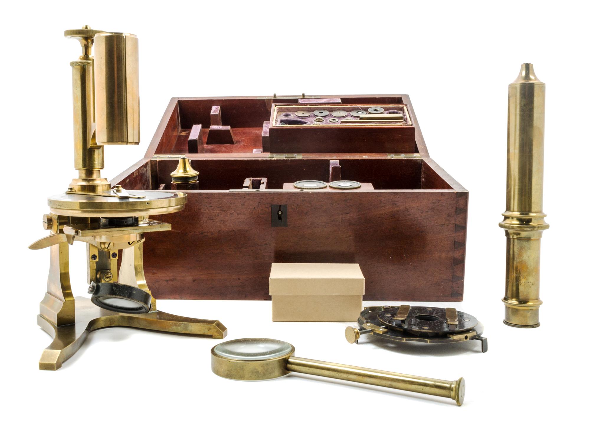 A French Brass Microscope Height 13 inches. — RETAILED BY WIDDLEFIELD & CO., BOSTON, MASSACHUSETTS, LATE 19TH CENTURY