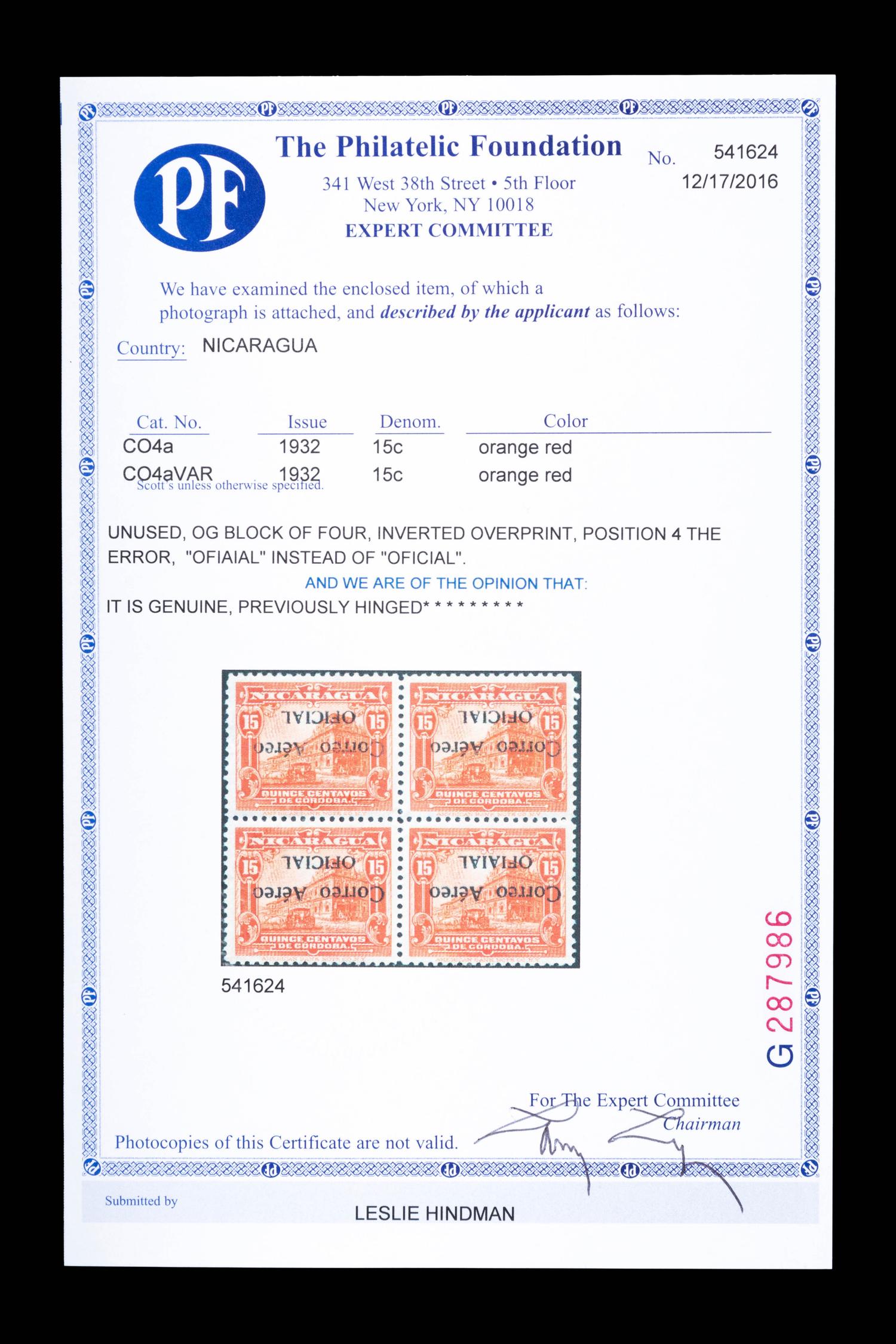 {PHILATELY} [SURCHARGE ERROR] NICARAGUA. Airmail. 1932. 15c. Orange Red (#CO4a & CO4aVAR), Block of Four, Inverted Surcharge, Position 4 Error "Ofiaial" Printed Instead of "Oficial"