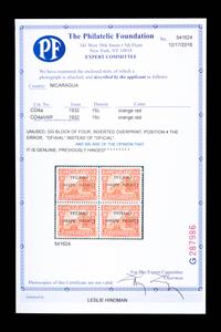 {PHILATELY} [SURCHARGE ERROR] NICARAGUA. Airmail. 1932. 15c. Orange Red (#CO4a & CO4aVAR), Block of Four, Inverted Surcharge, Position 4 Error "Ofiaial" Printed Instead of "Oficial"