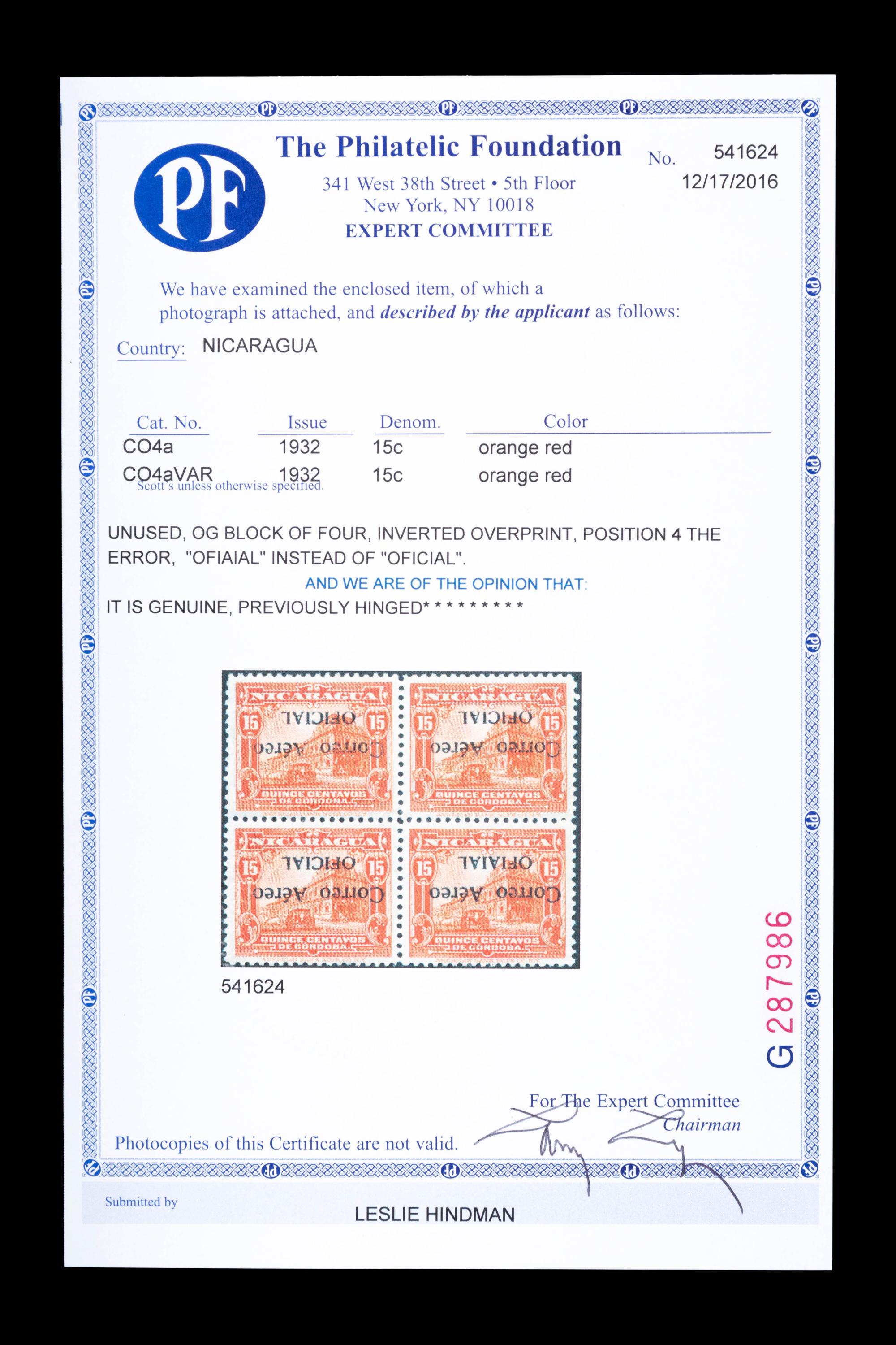 {PHILATELY} [SURCHARGE ERROR] NICARAGUA. Airmail. 1932. 15c. Orange Red (#CO4a & CO4aVAR), Block of Four, Inverted Surcharge, Position 4 Error "Ofiaial" Printed Instead of "Oficial"