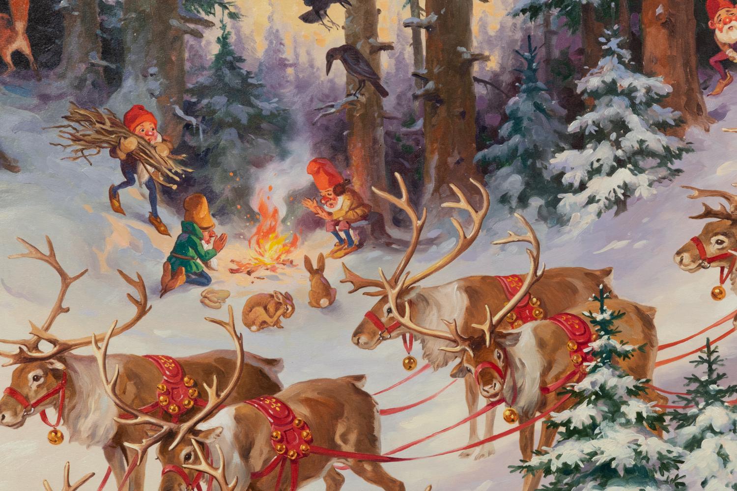 Santa and His Elves Gathering Trees in His Sleigh