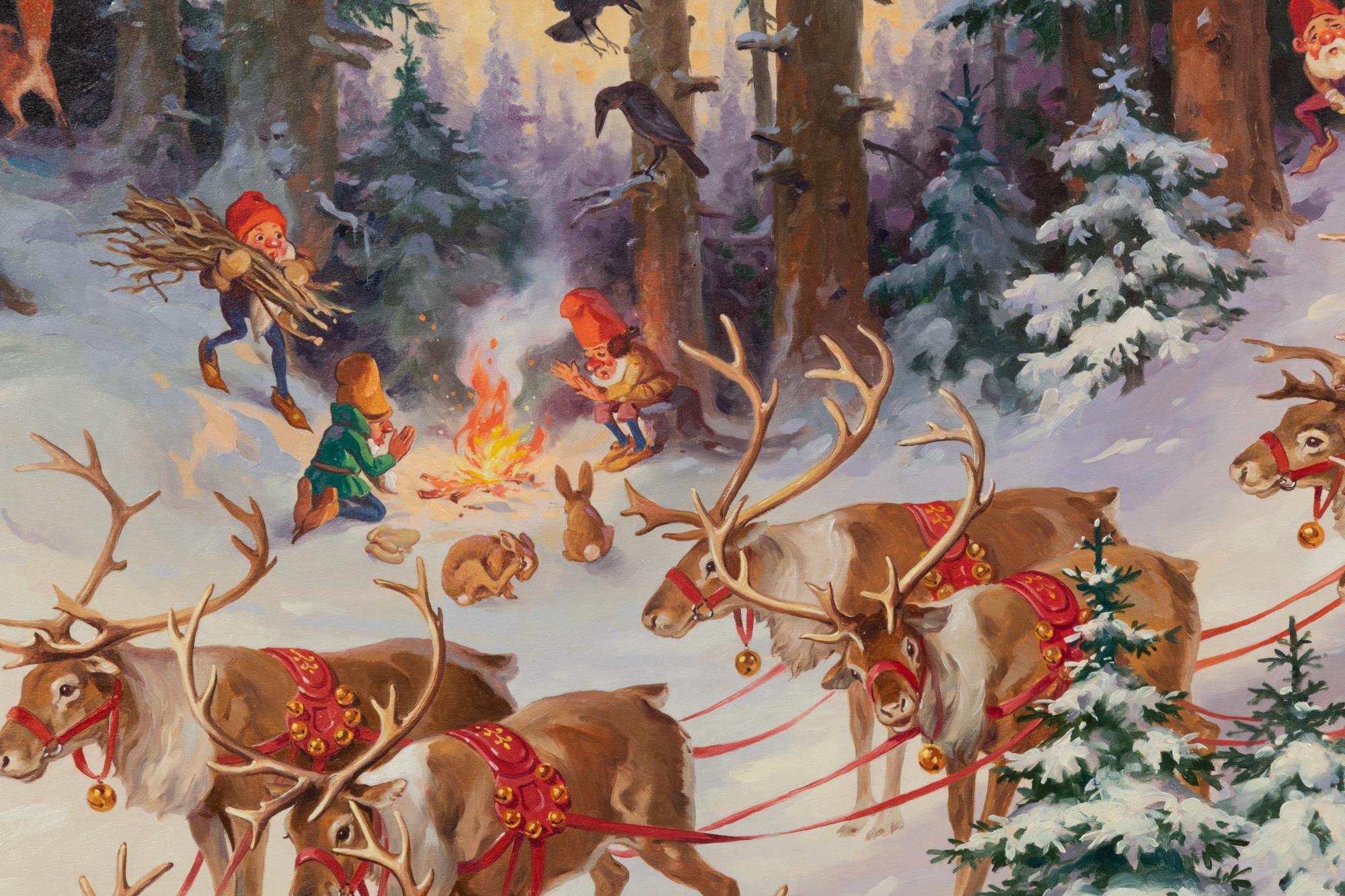 Santa and His Elves Gathering Trees in His Sleigh